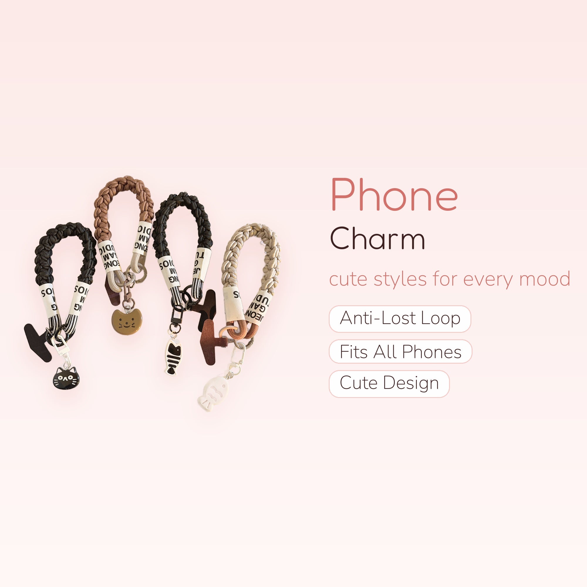 Braided Wrist Strap Phone Charm with Cat & Fish Charms | Aesthetic Woven Lanyard