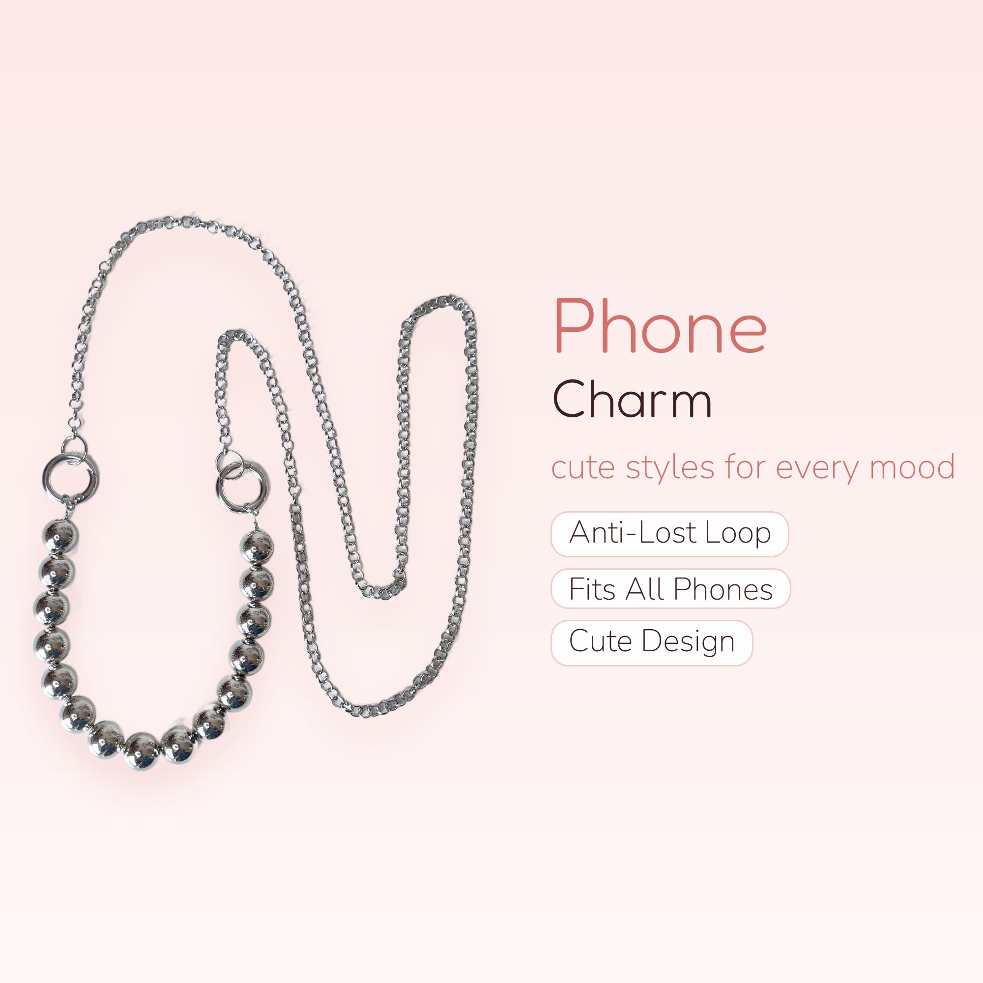 Aesthetic Silver Beaded Phone Charm | Y2K Chain Wrist Lanyard