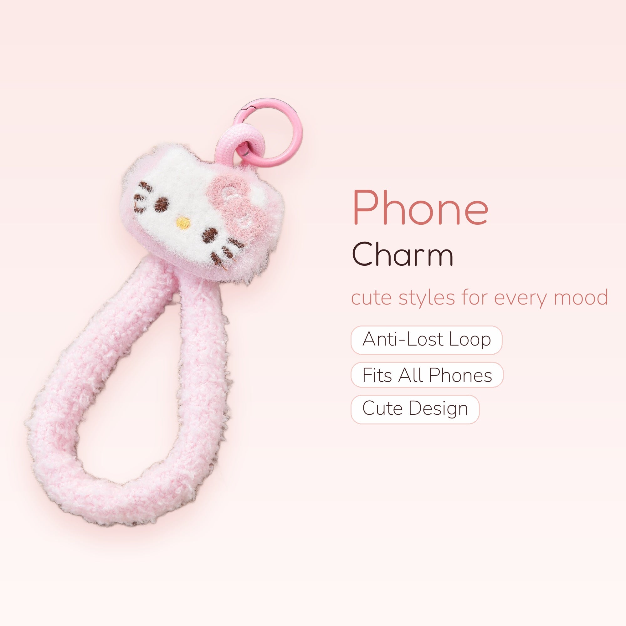Fluffy Pink Hello Kitty Phone Charm Strap | Kawaii Plush Wrist Lanyard