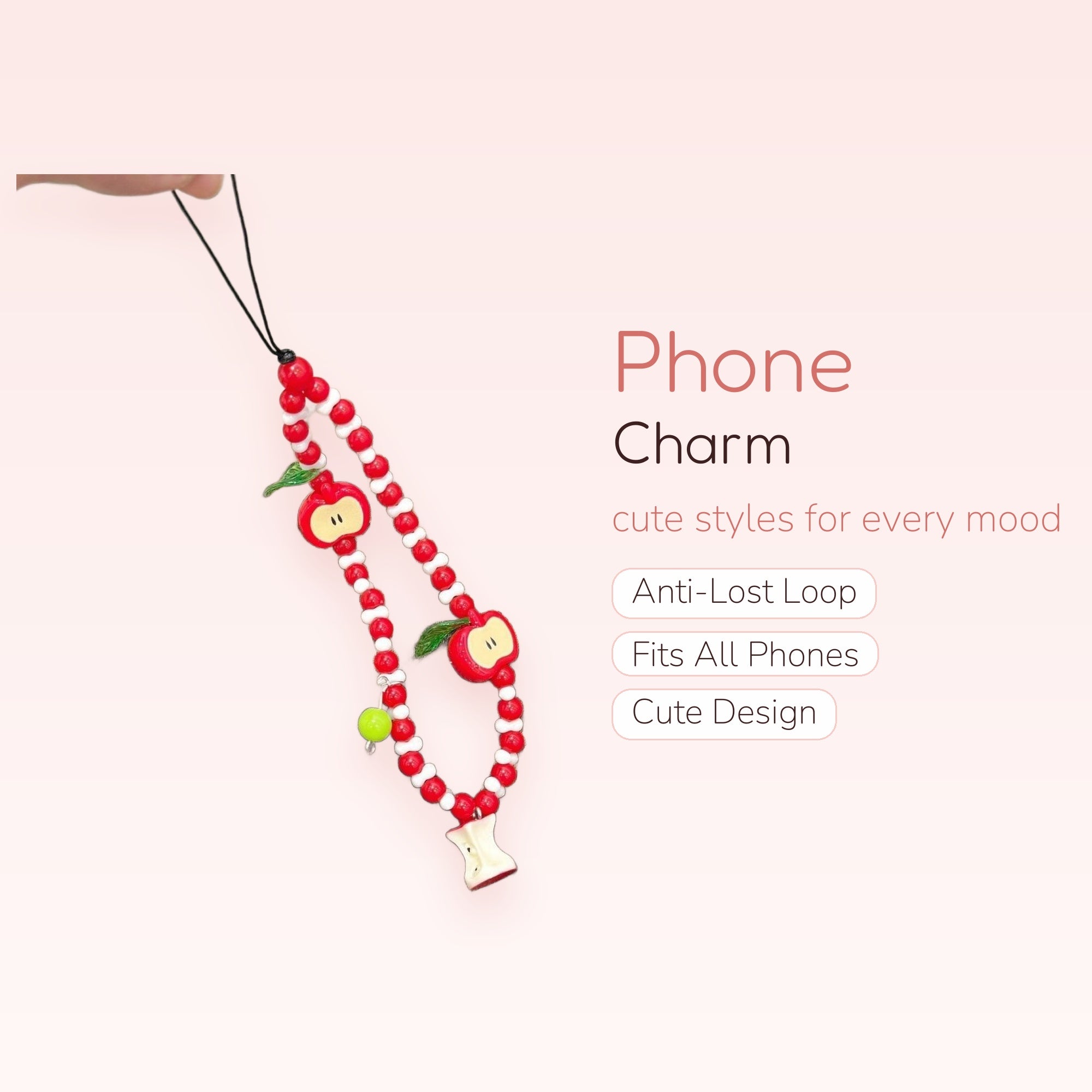 Cute Red Apple Beaded Phone Charm | Kawaii Fruit Wrist Strap Lanyard