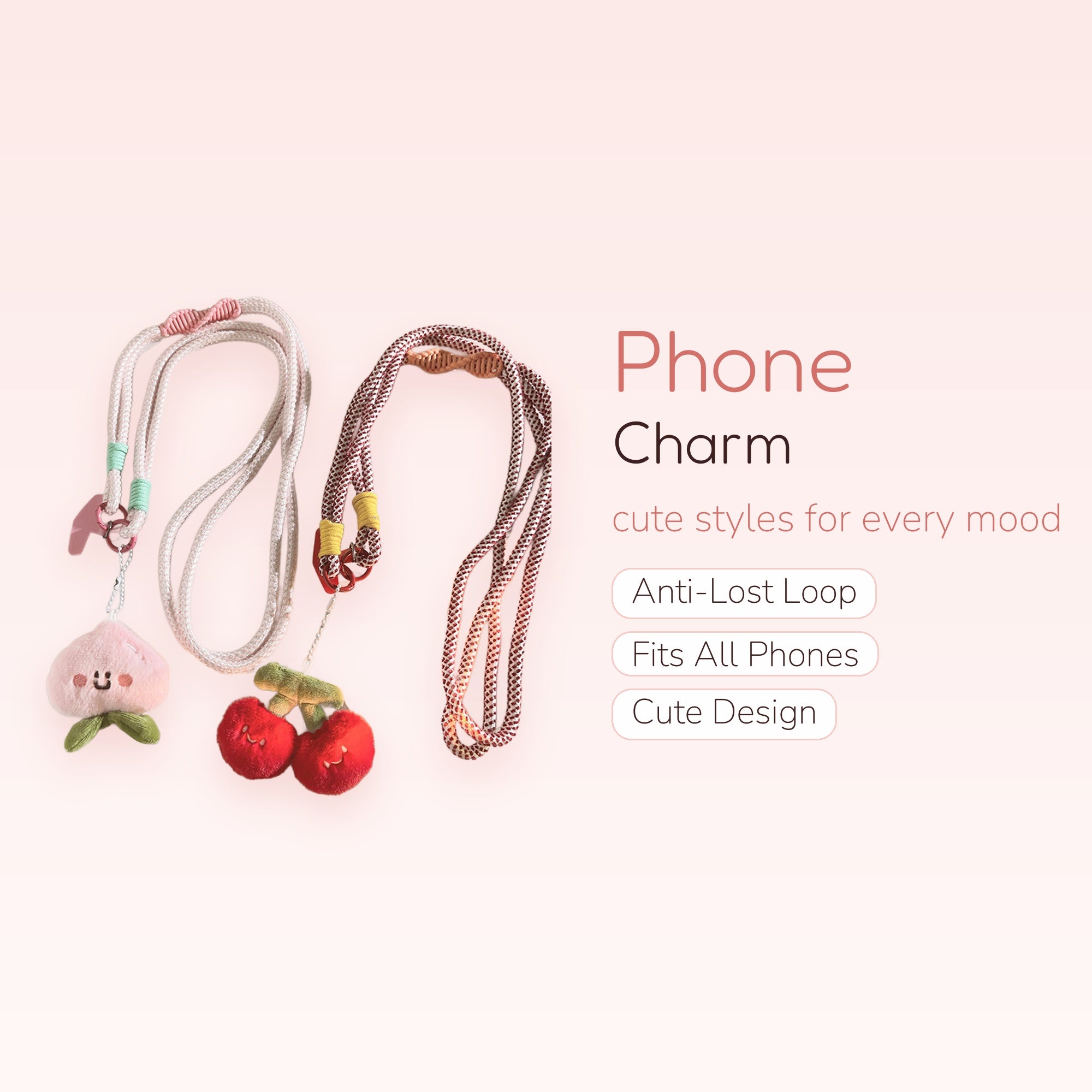 Kawaii Plush Fruit Phone Lanyard | Cute Peach & Cherry Crossbody Strap