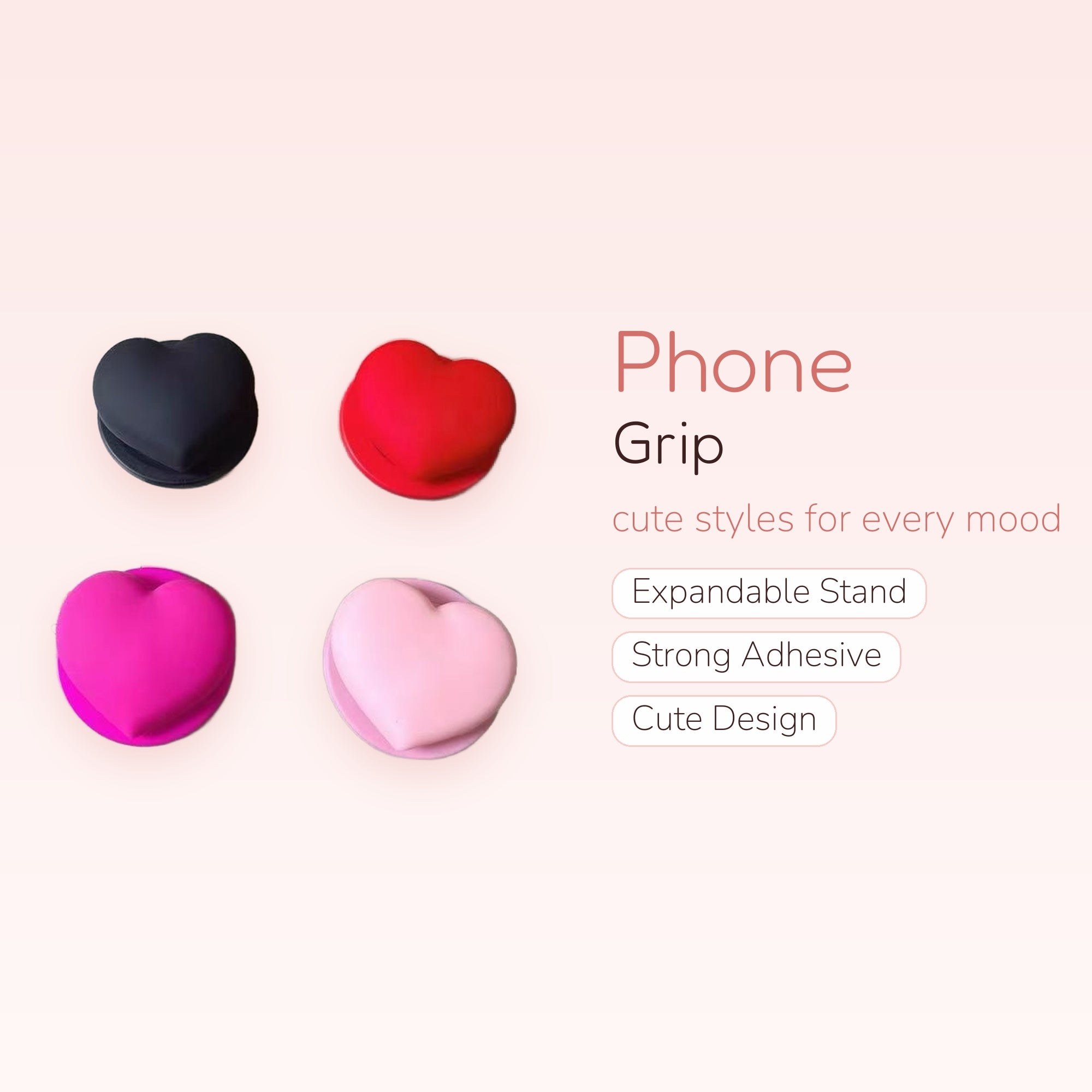Cute Heart Phone Grip | Kawaii Pop Socket Stand in Black, Red, Pink