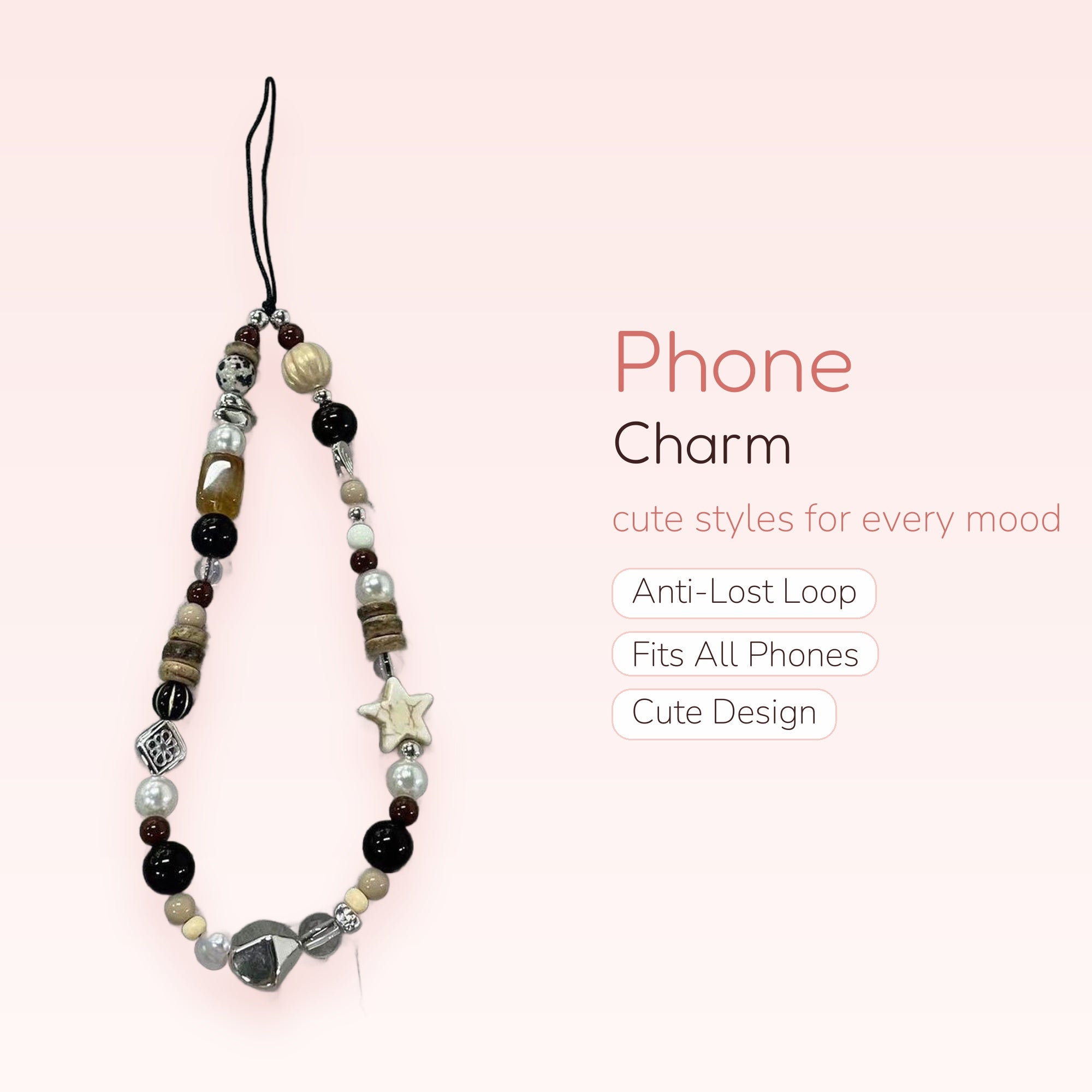 Aesthetic Neutral Beaded Phone Charm Strap | Earthy Toned Pearl & Star Wrist Lanyard
