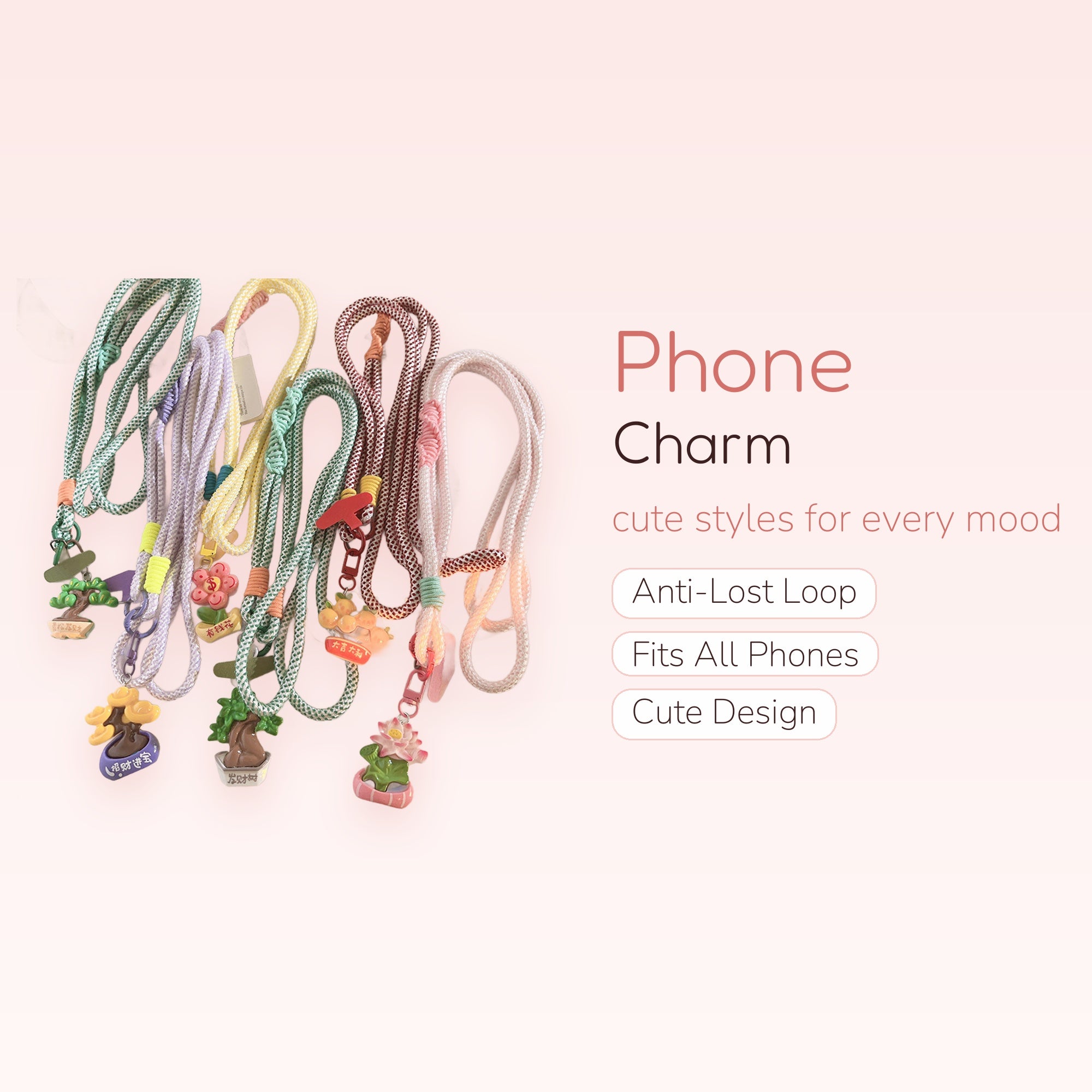Kawaii Braided Rope Phone Lanyard with Lucky Charms | Aesthetic Wrist Strap