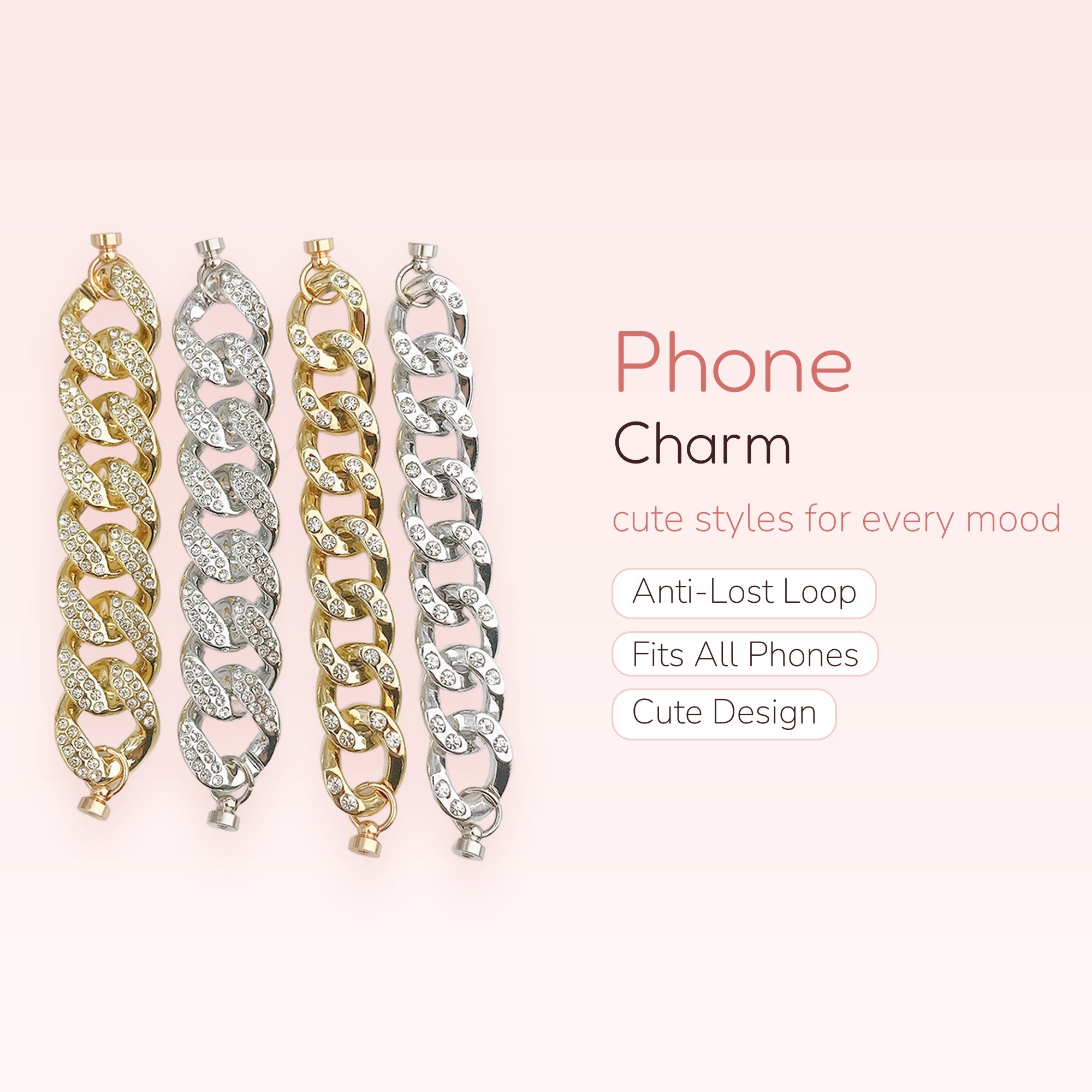 Rhinestone Cuban Link Chain Phone Charm | Gold & Silver Sparkle Wrist Strap