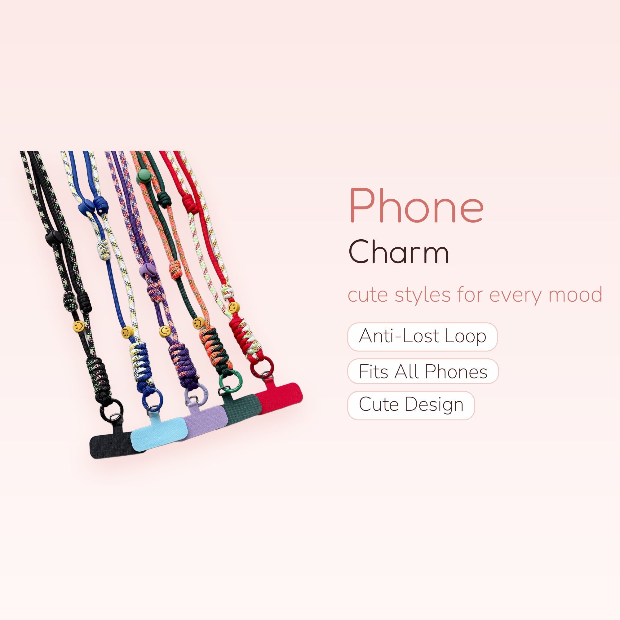 Aesthetic Braided Rope Phone Lanyard with Smiley Face Beads | Adjustable Crossbody Phone Strap