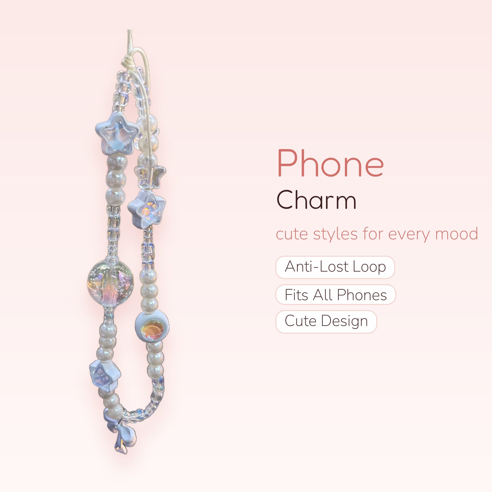 Kawaii Pearl & Star Phone Charm | Iridescent Beaded Wrist Lanyard