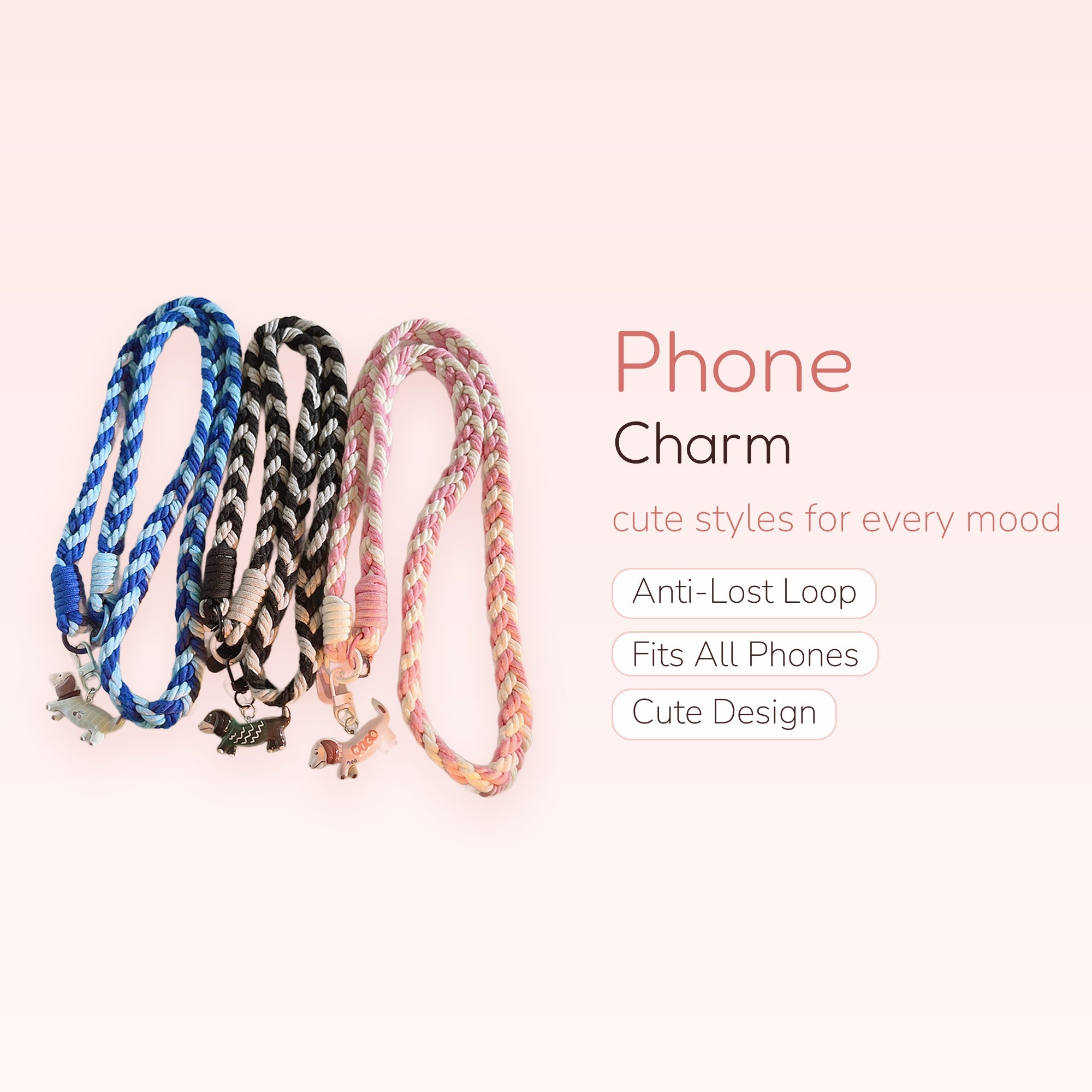 Braided Rope Dog Charm Phone Lanyard | Cute Dachshund Wrist Strap