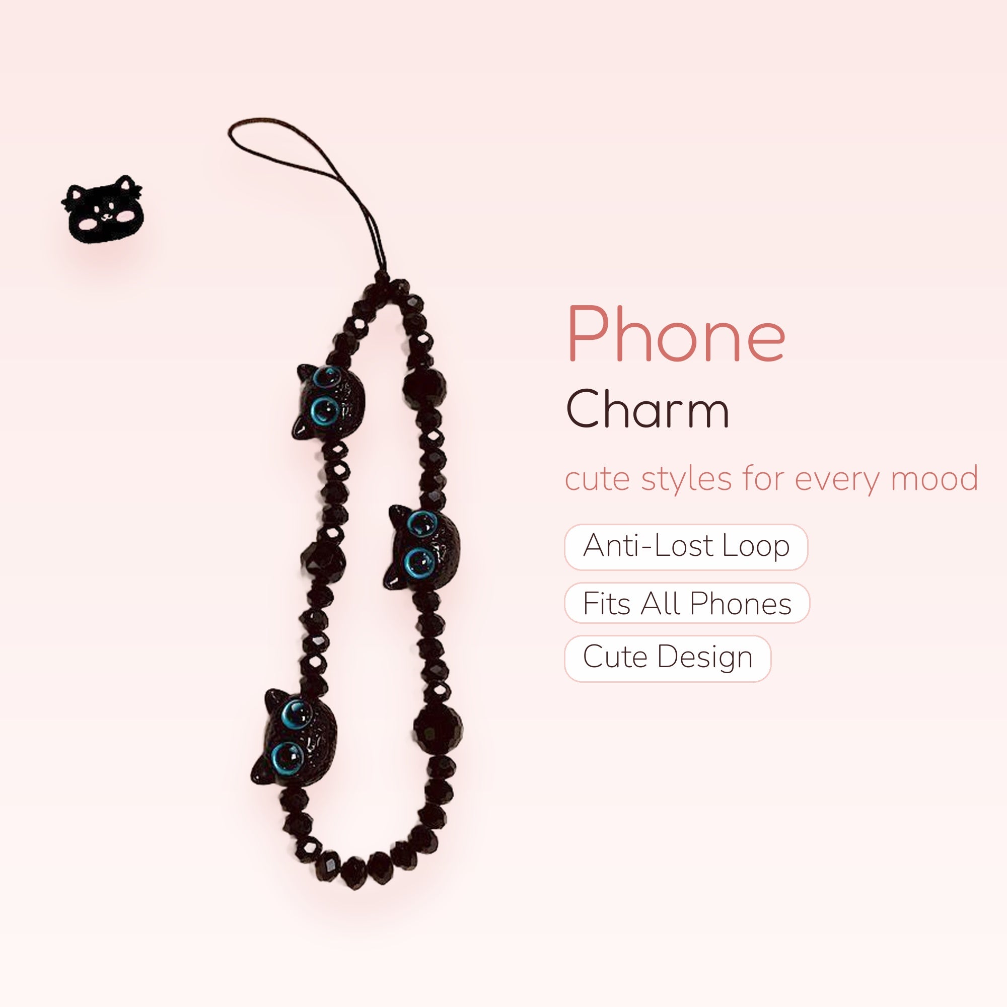 Black Cat Beaded Phone Charm Strap | Kawaii Blue Eyed Kitty Wrist Lanyard