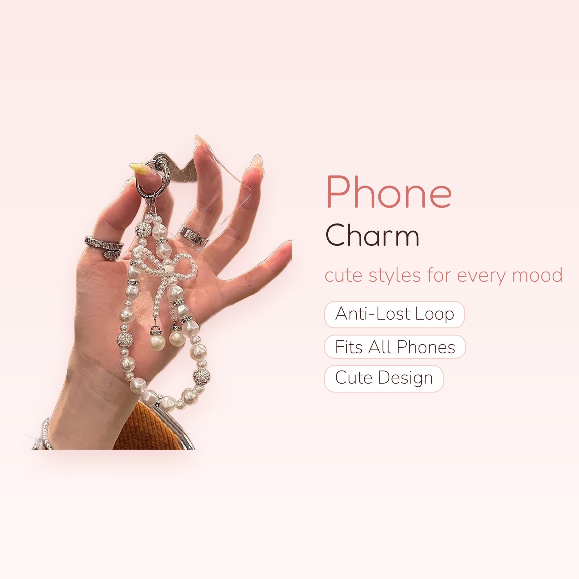 Aesthetic Pearl & Rhinestone Phone Charm | Cute Beaded Wrist Strap with Bow