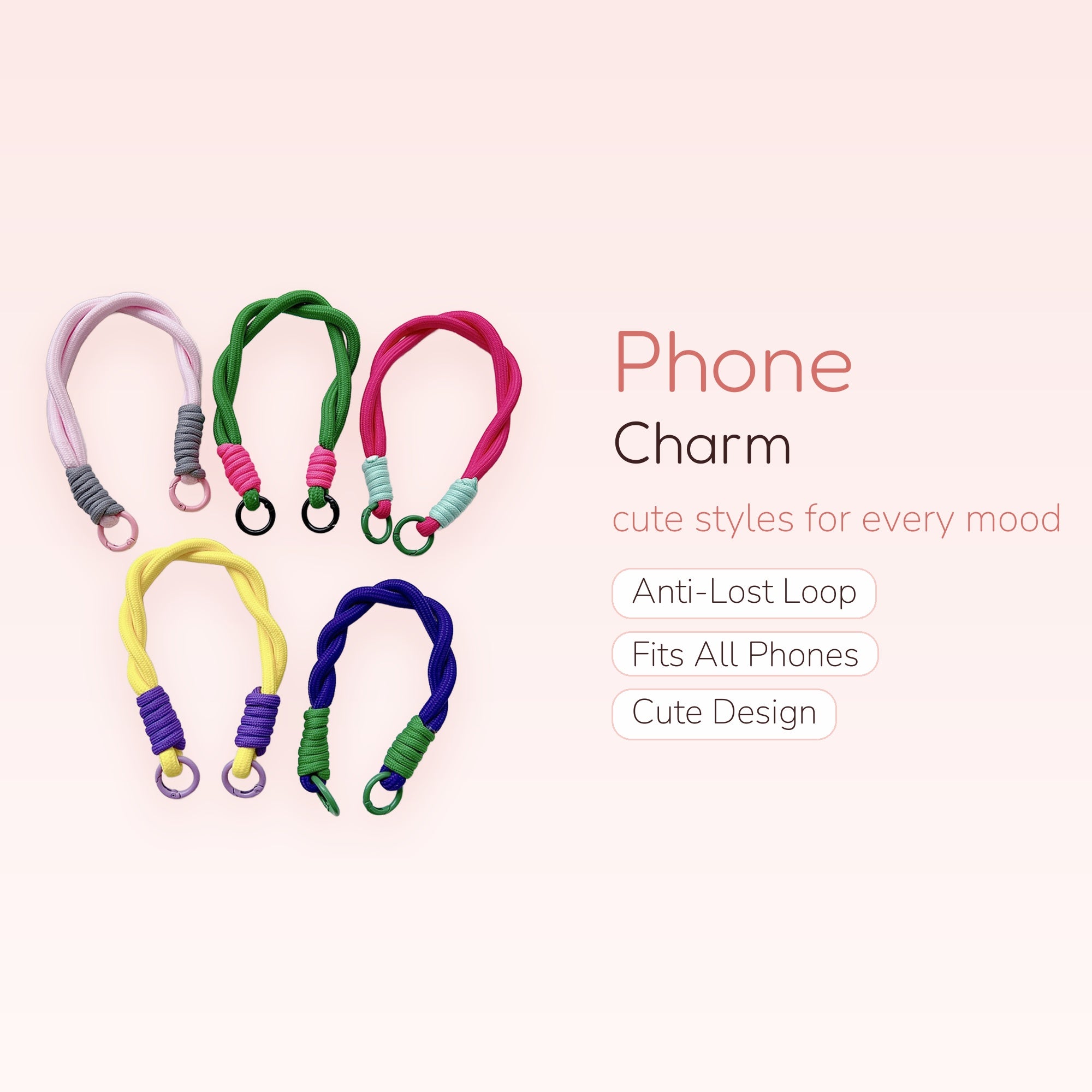 Colorful Braided Rope Phone Charm Strap | Aesthetic Wrist Lanyard with Carabiner Clips