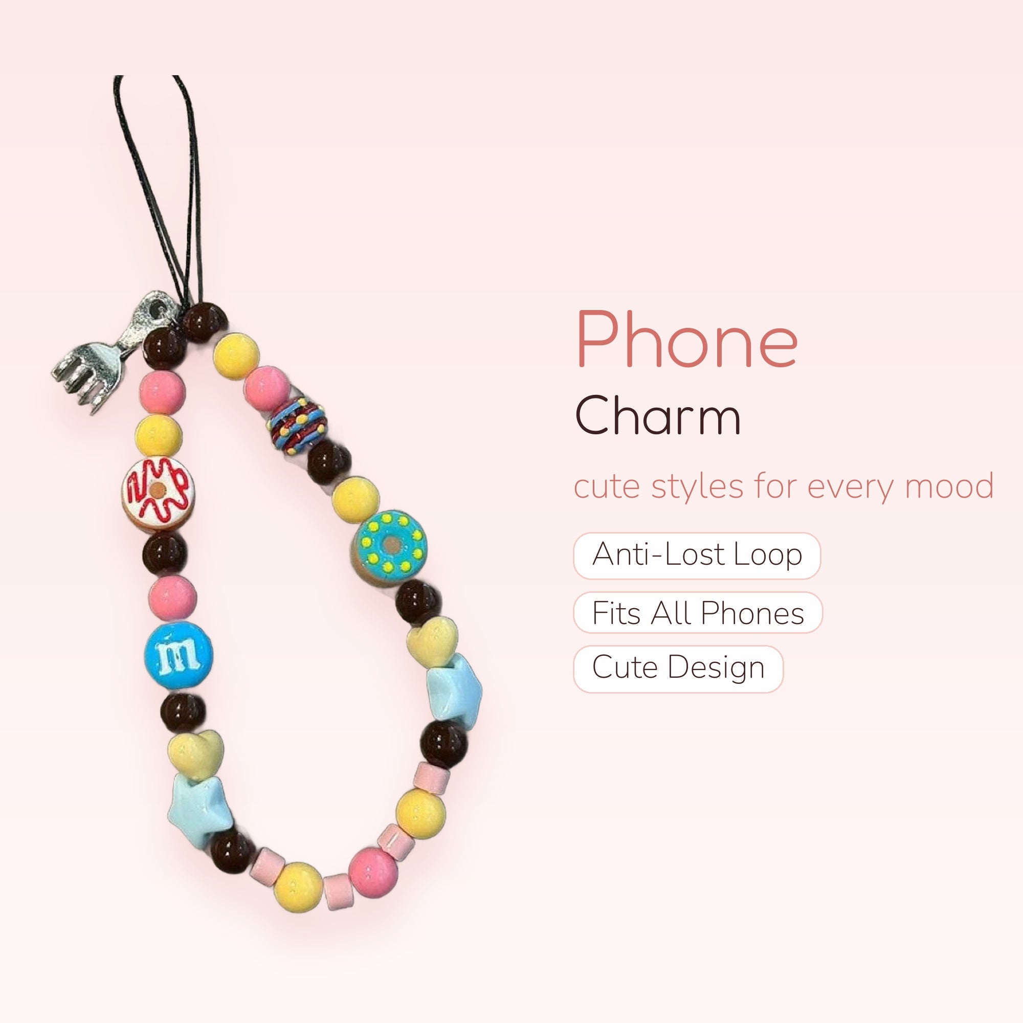 Kawaii Donut & M&M Beaded Phone Charm | Y2K Candy Wrist Strap Lanyard