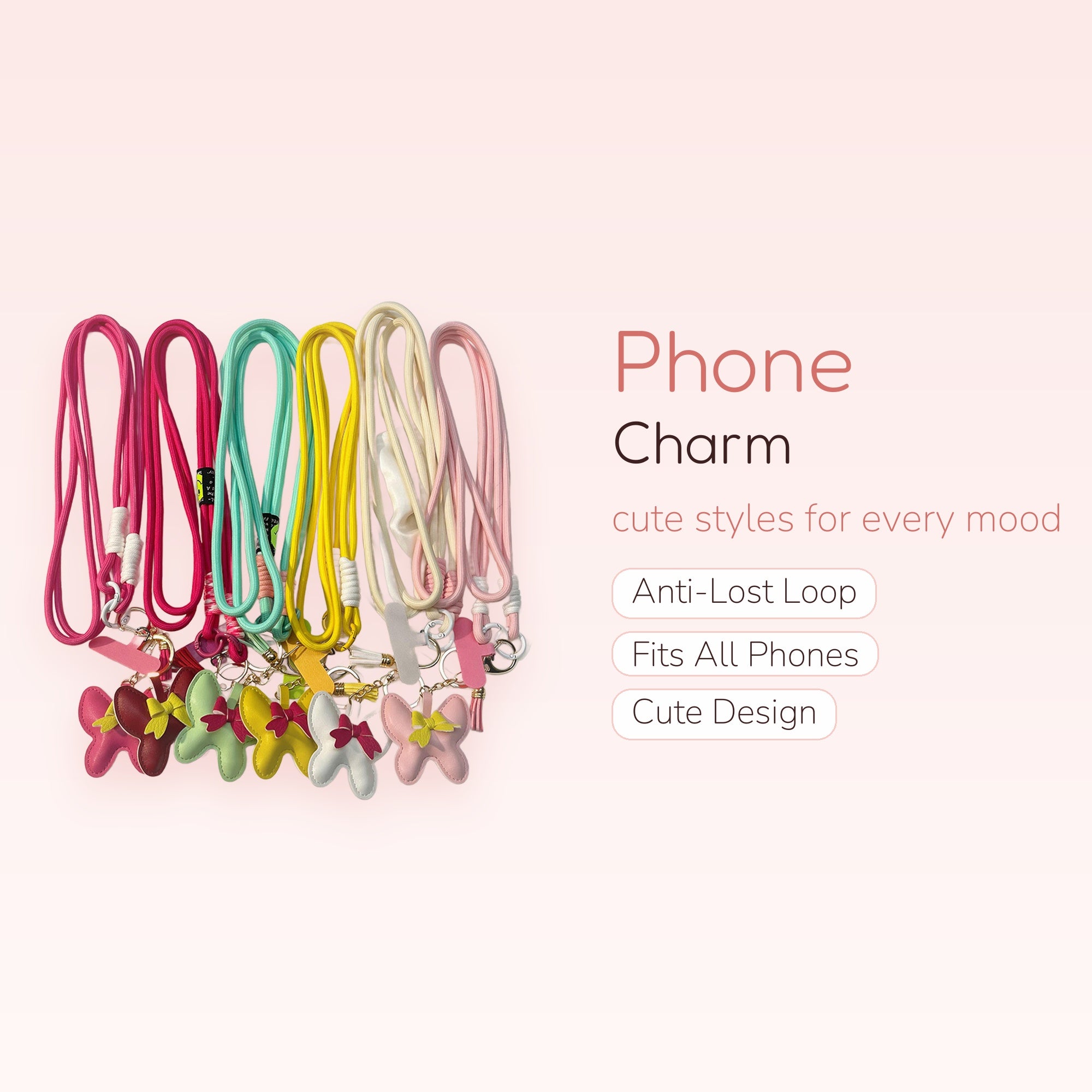 Colorful Butterfly Lanyard Phone Charm | Kawaii Crossbody Strap with Leather Butterflies