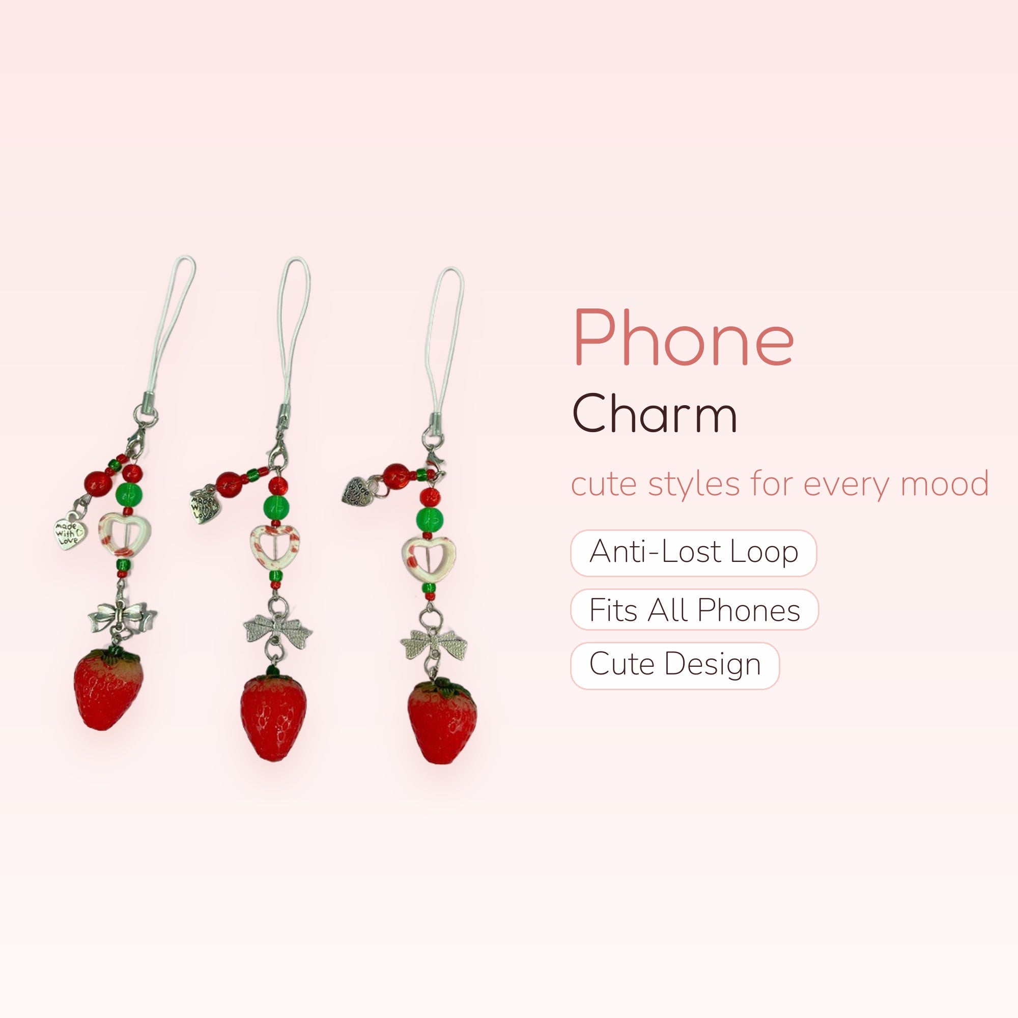 Strawberry & Heart Phone Charm Strap | Cute Red & Green Beaded Lanyard
