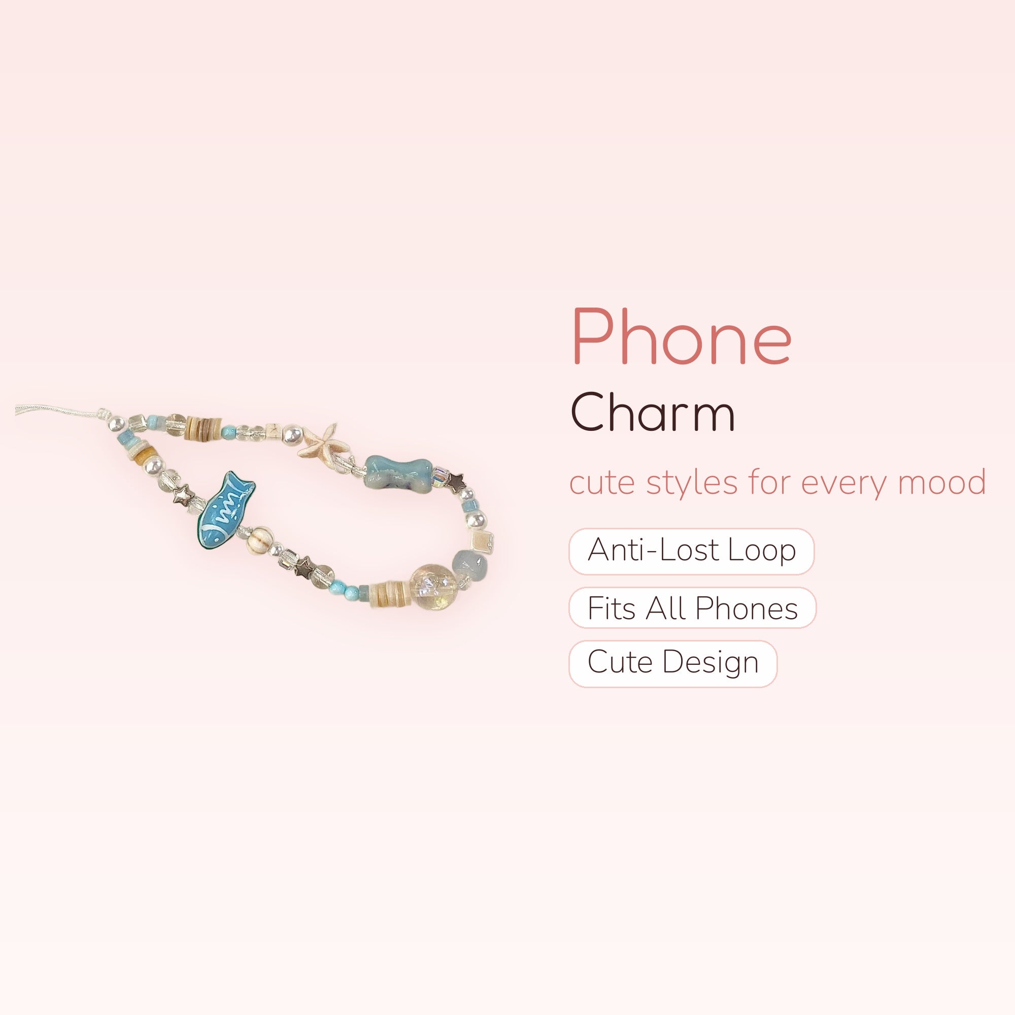 Cute Ocean Theme Beaded Phone Charm | Blue Fish & Starfish Wrist Strap