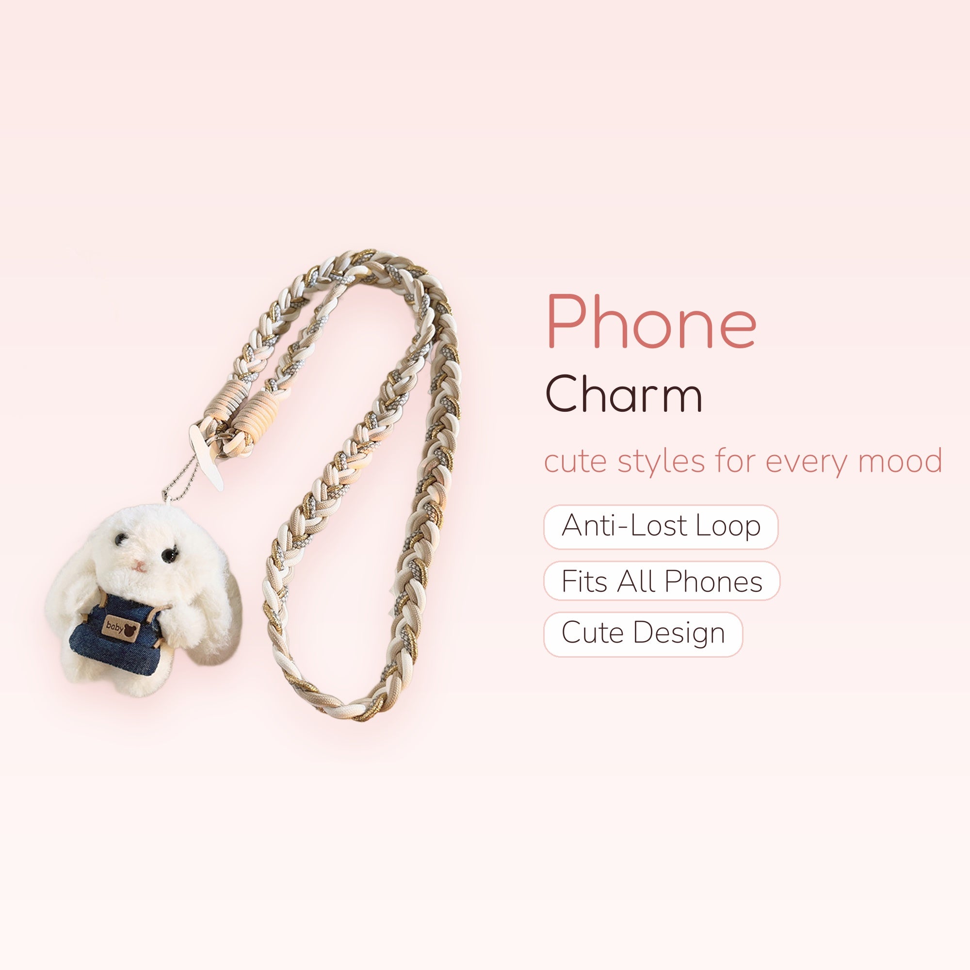 Braided Rope Bunny Phone Charm Lanyard | Cute Plush Rabbit Keychain Strap