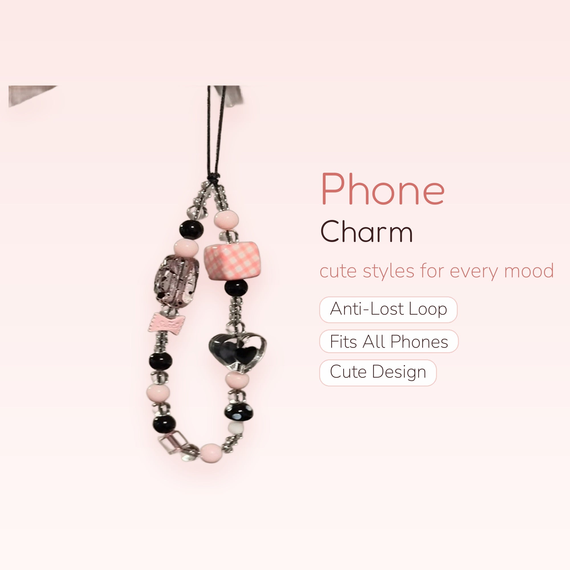 Kawaii Pink & Black Beaded Phone Charm Strap | Aesthetic Gingham Heart Wrist Lanyard