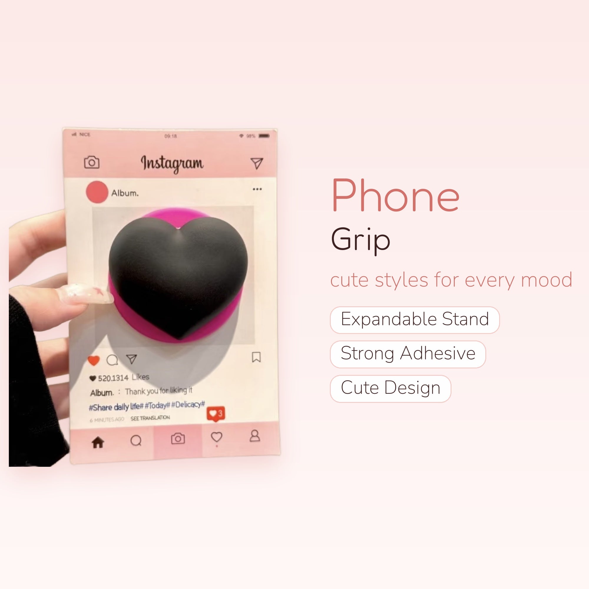 Black Heart Instagram Post Phone Grip | Aesthetic Pop Socket Stand