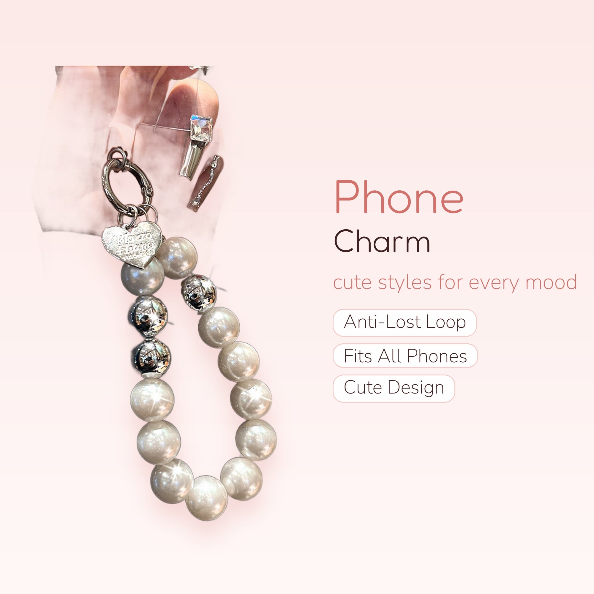 Aesthetic Pearl & Silver Bead Phone Charm | Cute Heart Wrist Strap Lanyard