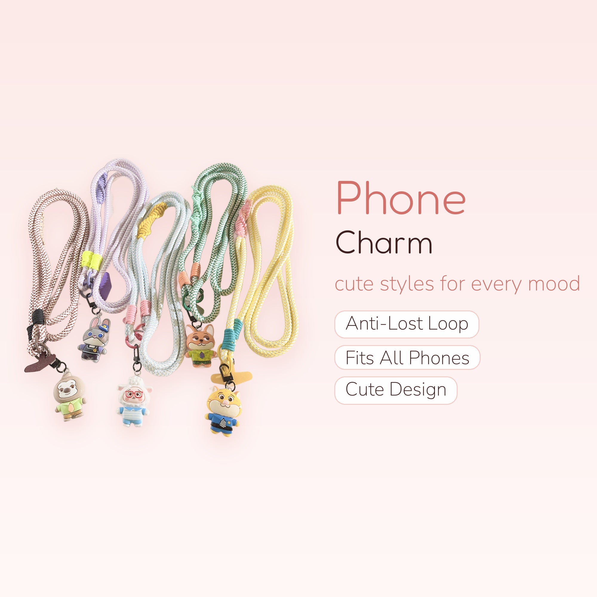 Kawaii Animal Character Phone Lanyard | Pastel Braided Rope Neck Strap