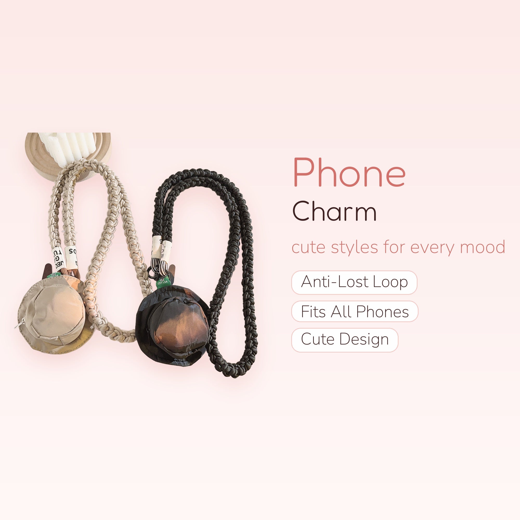Braided Rope Mini Bucket Hat Phone Charm Lanyard | Aesthetic Beige & Black Neck Strap