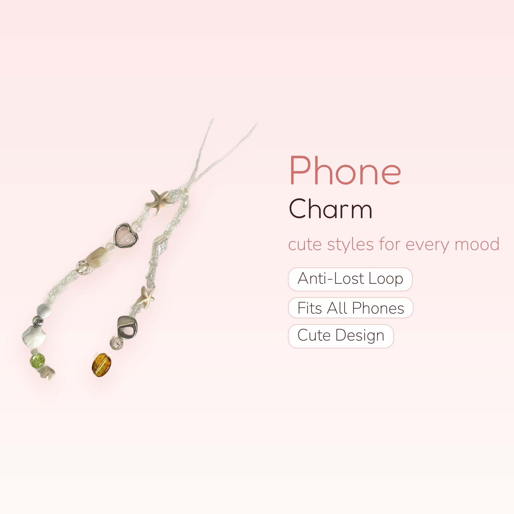 Aesthetic Beaded Phone Charm Strap | Clear & Pastel Heart Starfish Wrist Lanyard