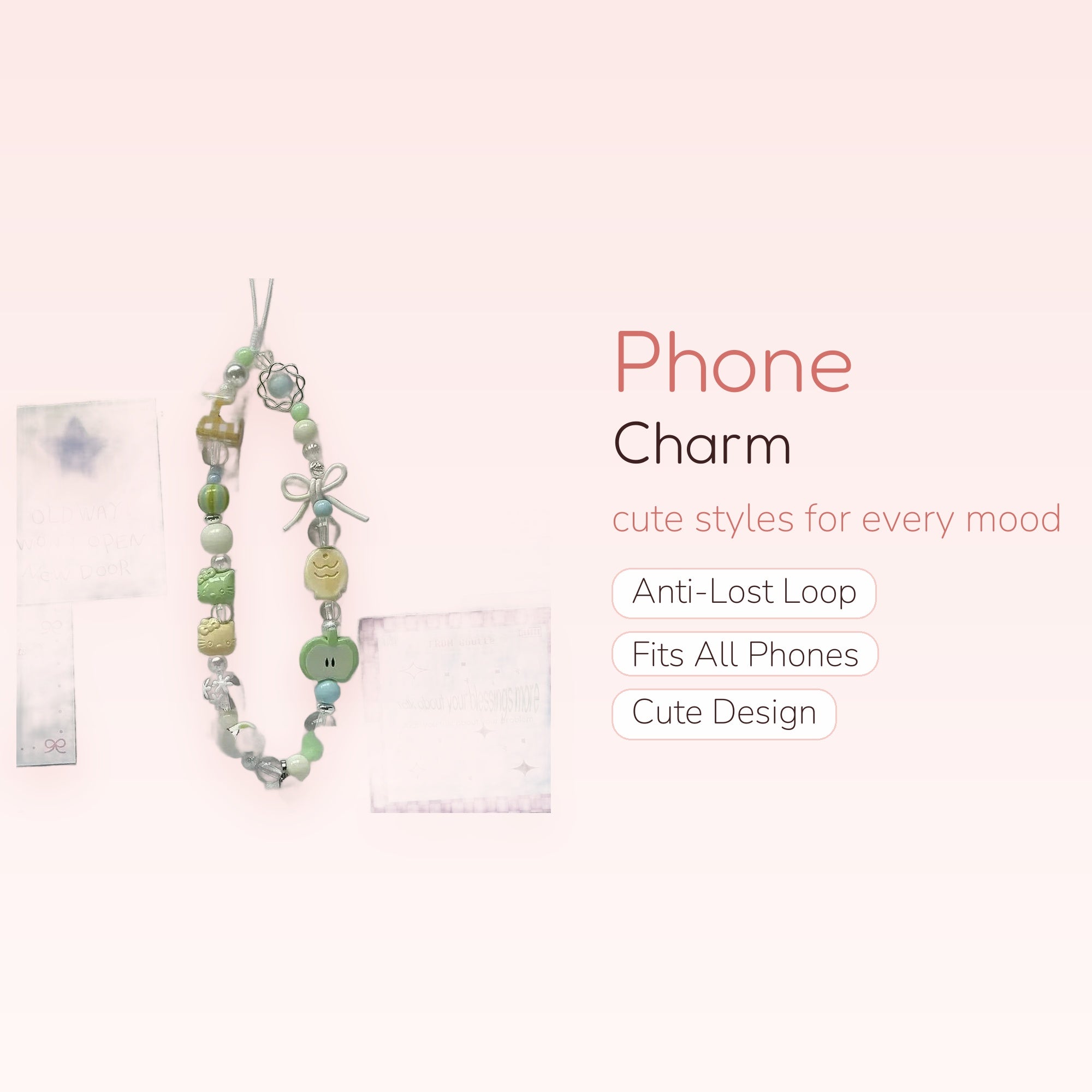 Pastel Beaded Phone Charm Strap | Kawaii Hello Kitty & Apple Wrist Lanyard