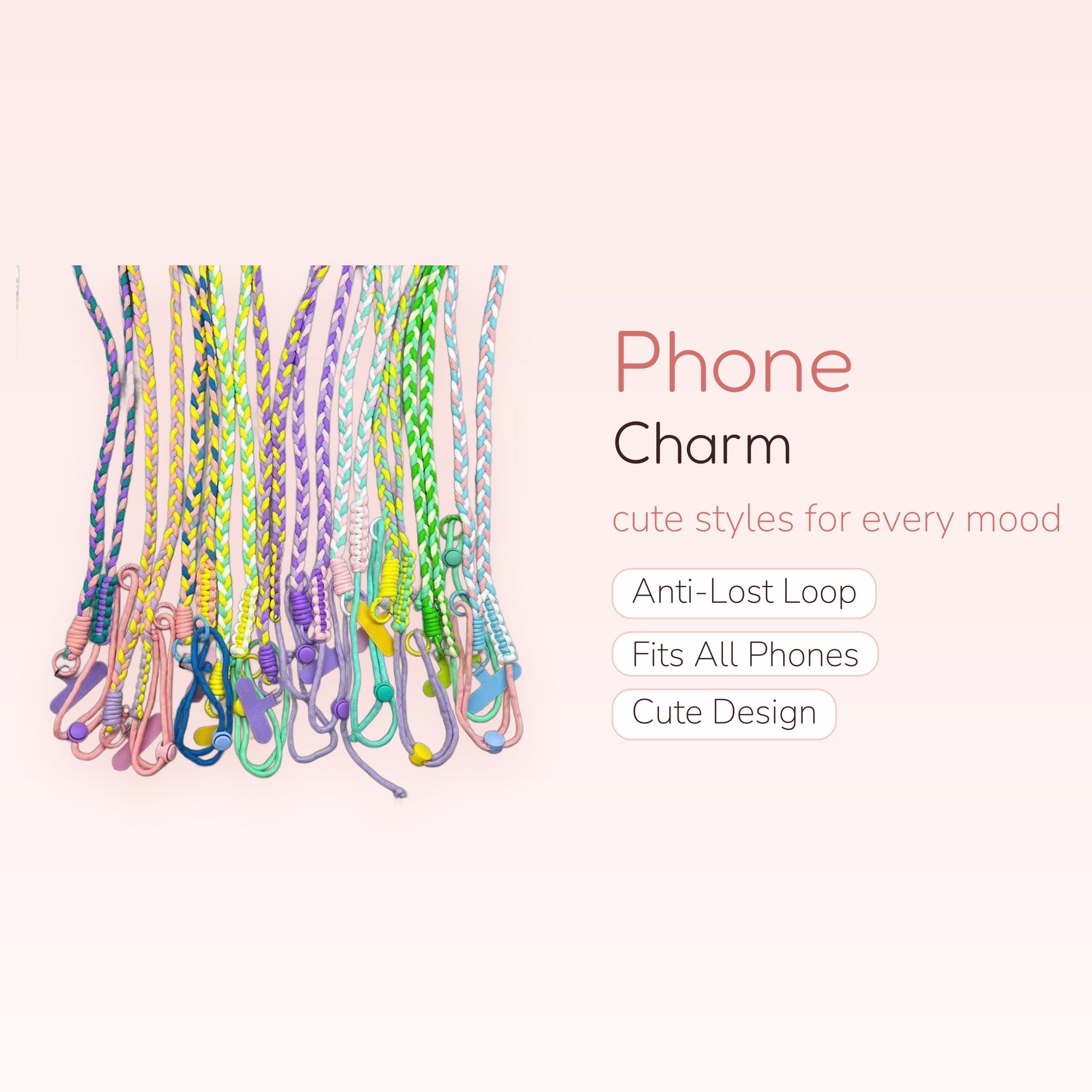Aesthetic Braided Lanyard Phone Charm | Pastel Multi-Color Crossbody Strap