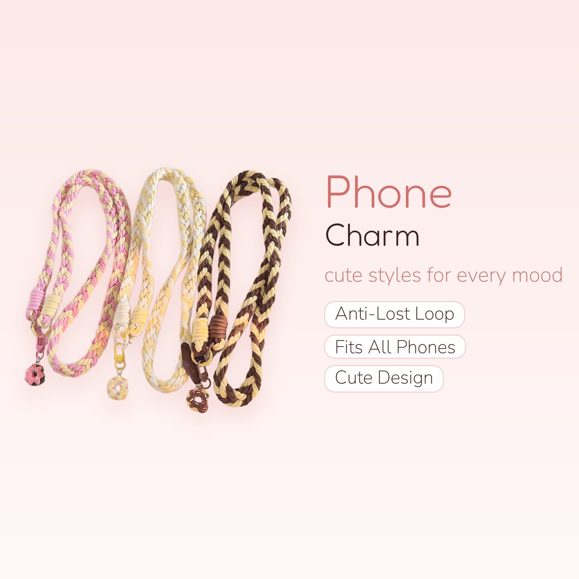 Braided Donut Phone Lanyard | Kawaii Pastel & Earth Tone Crossbody Strap