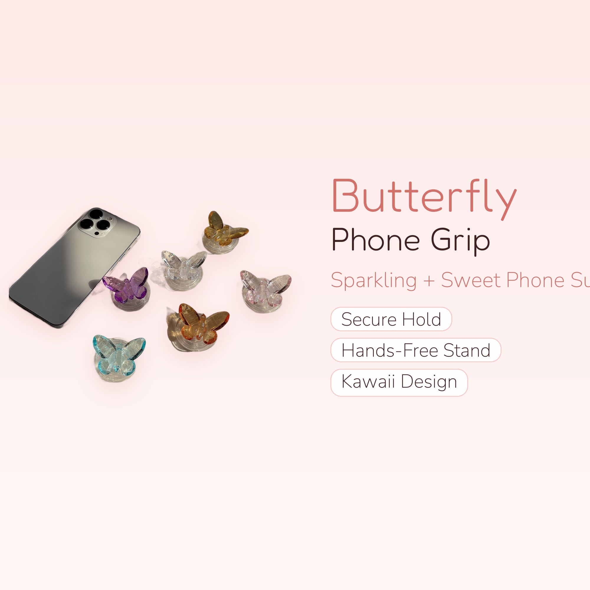 Kawaii Butterfly Phone Grip Stand | Cute Crystal Pop Socket Holder