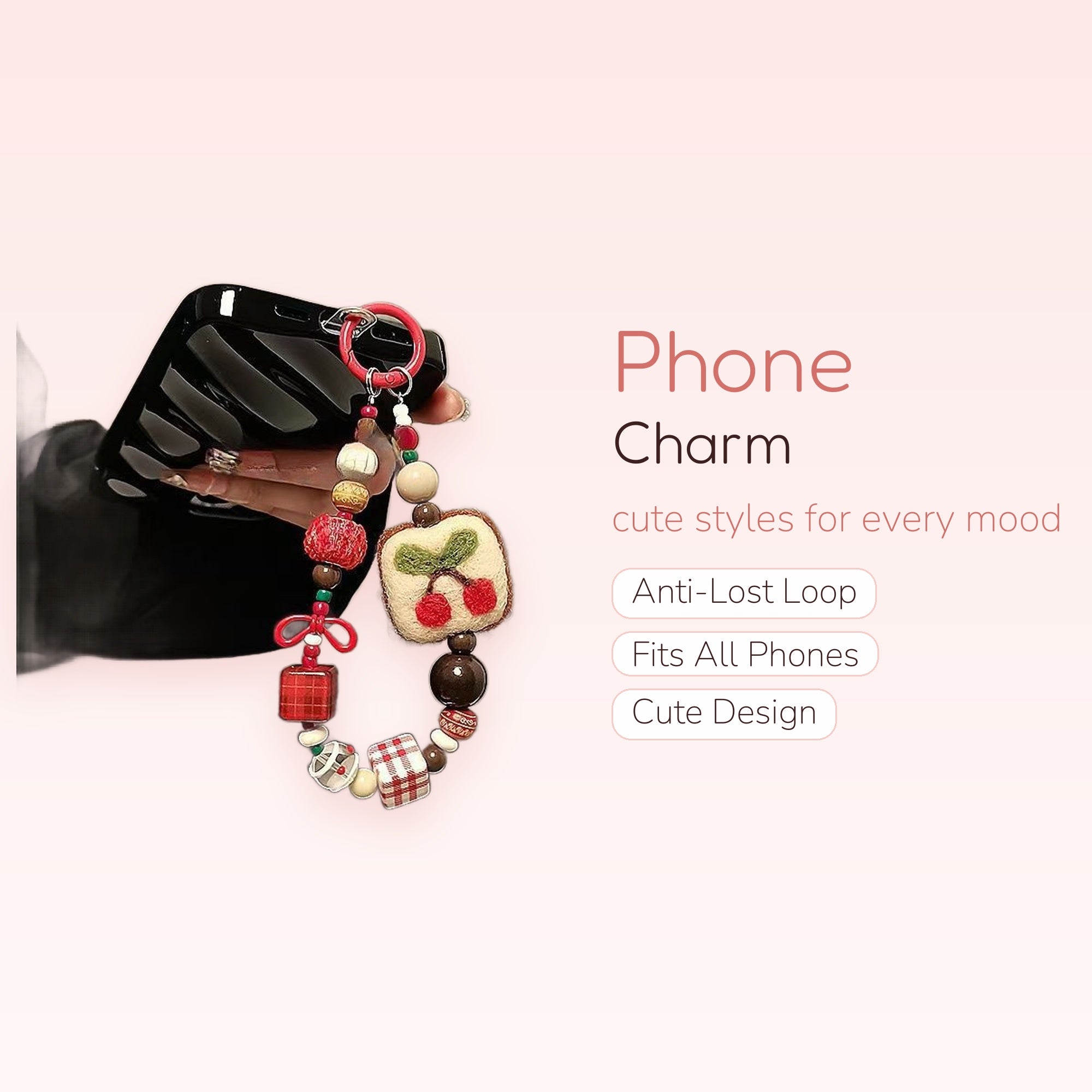 Cute Cherry Toast & Plaid Beaded Phone Charm | Aesthetic Wrist Strap Lanyard