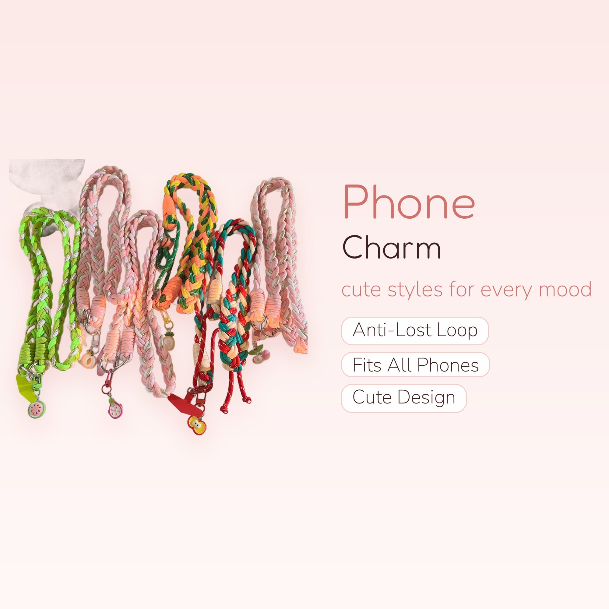 Braided Paracord Phone Charm Lanyard | Colorful Fruit Charm Wrist Strap