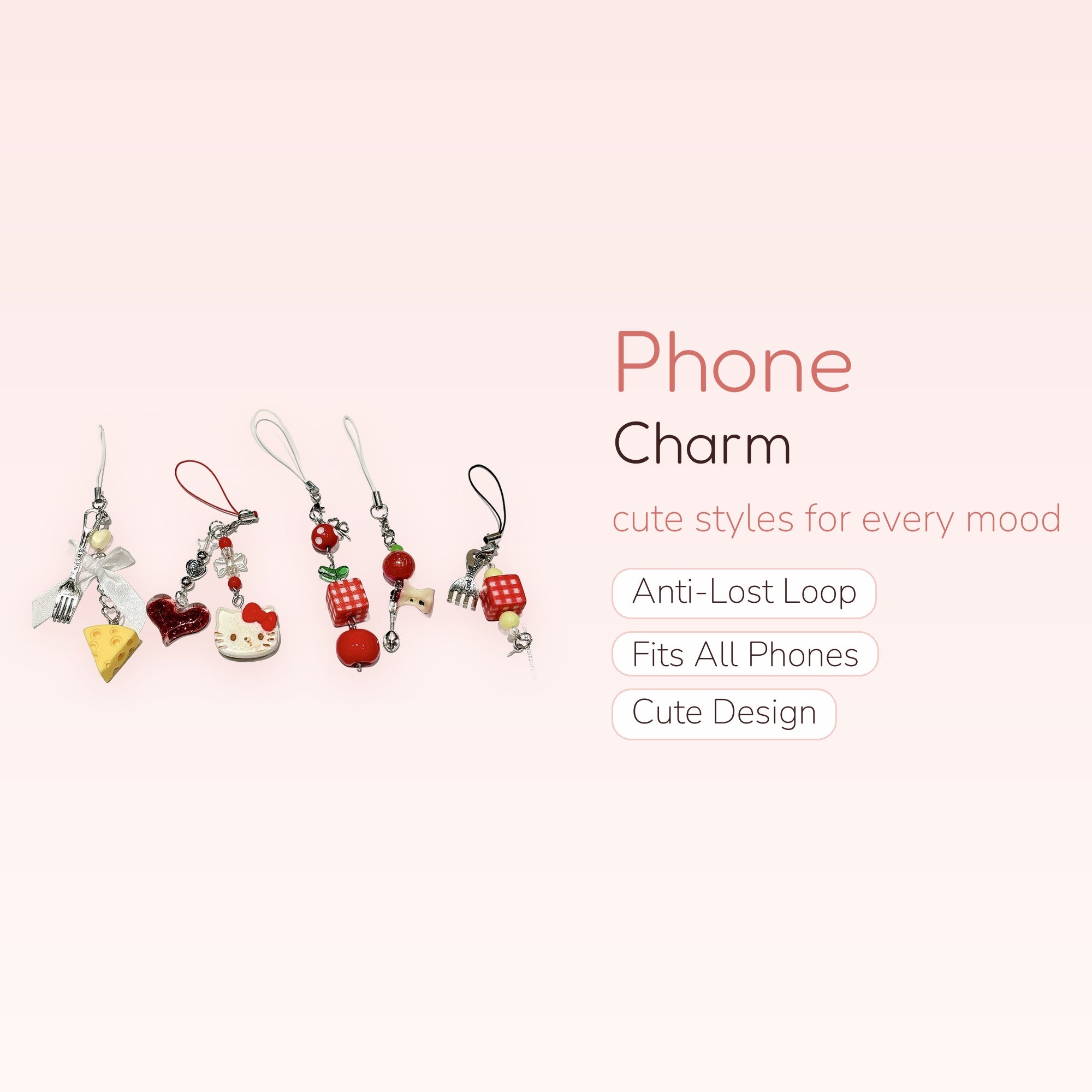 Kawaii Hello Kitty & Fruit Phone Charm Straps | Cute Foodie Beaded Wrist Lanyards