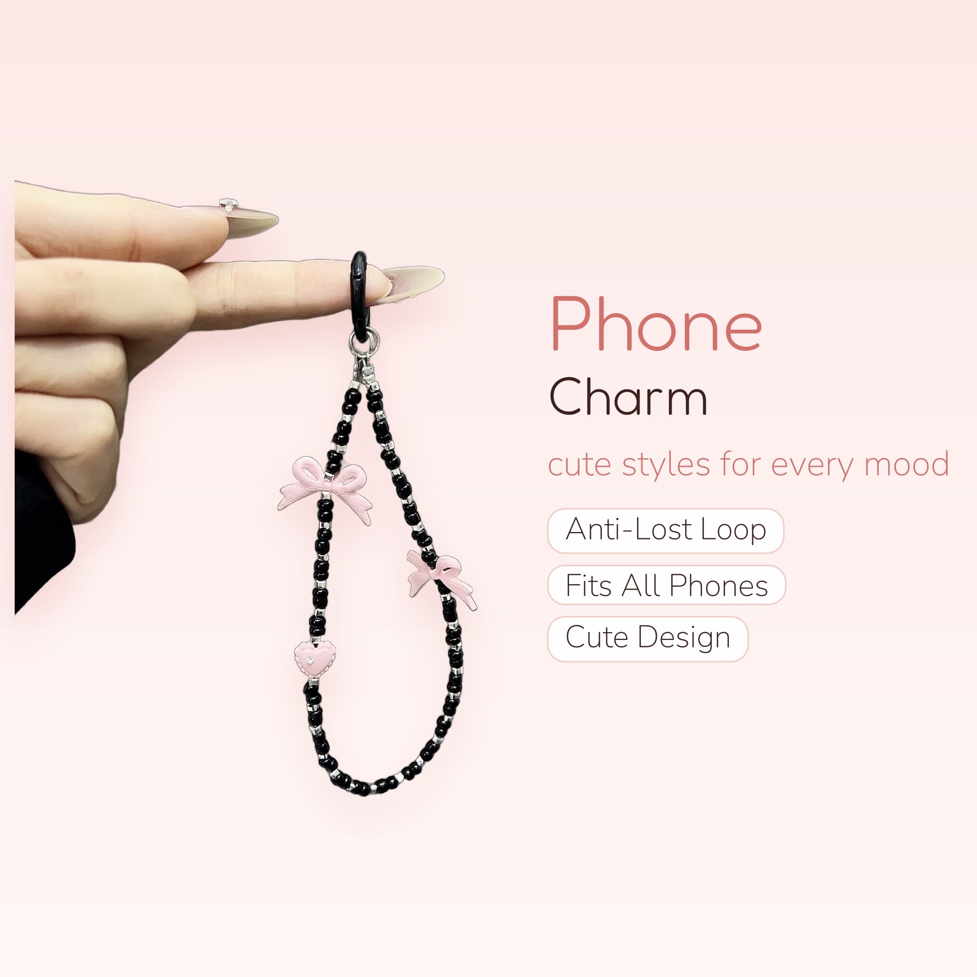 Cute Black Beaded Phone Charm | Pink Bow & Heart Wrist Strap