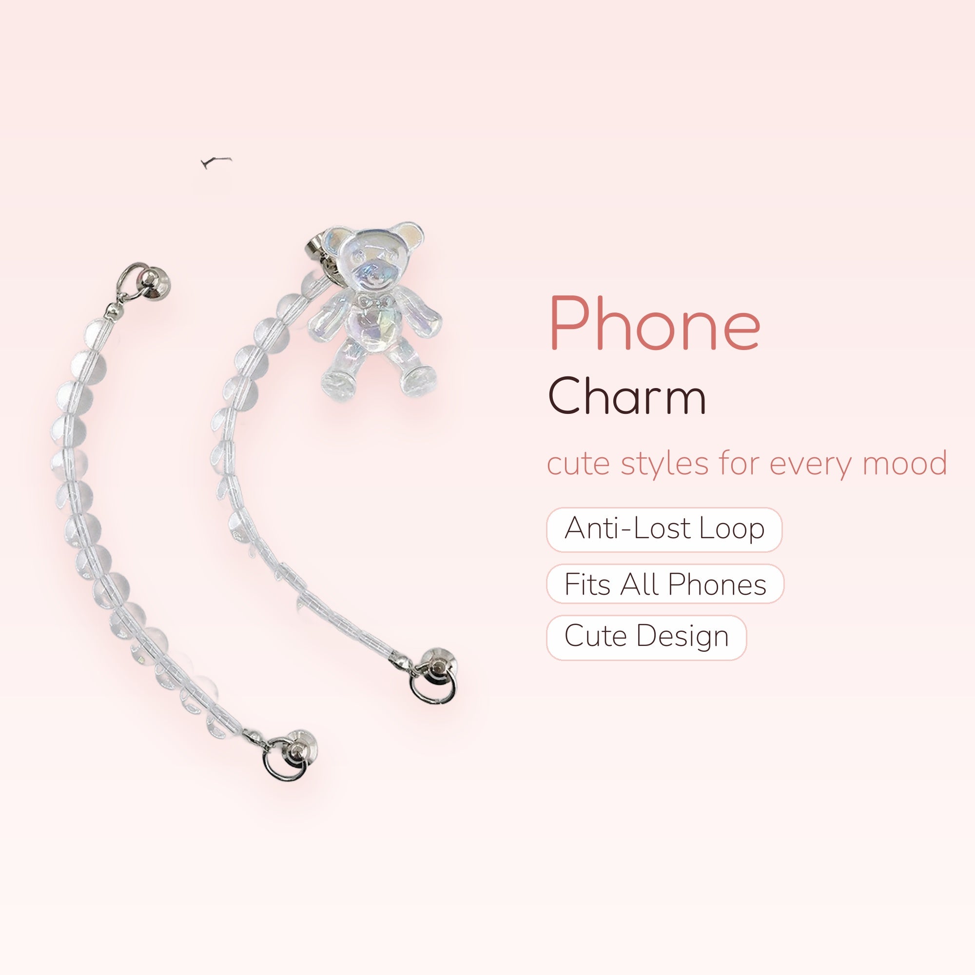 Iridescent Bear & Clear Beaded Phone Charm | Aesthetic Wrist Strap Lanyard