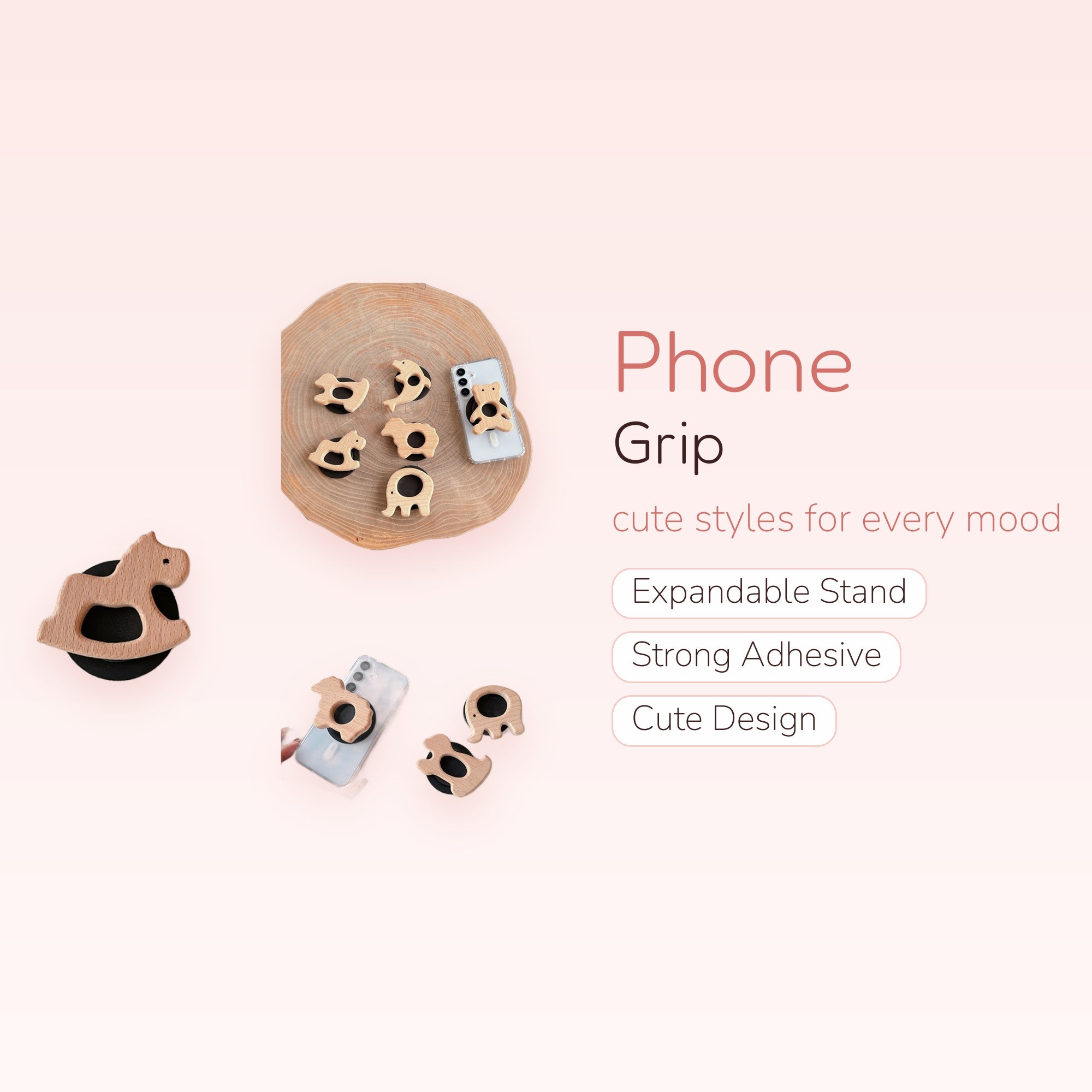 Cute Wooden Animal Phone Grip | Aesthetic Natural Wood Pop Socket Stand