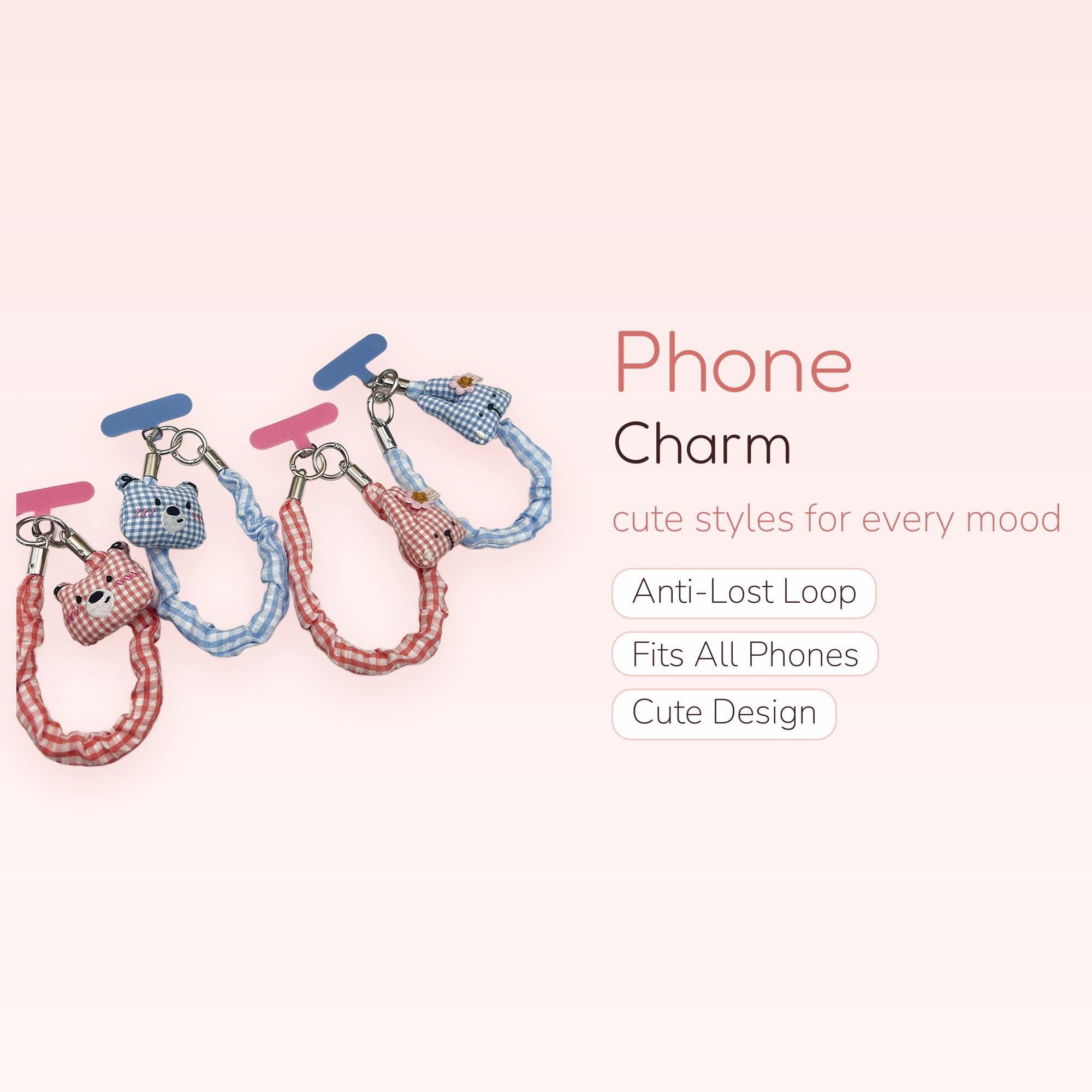 Cute Gingham Bear & Bunny Phone Charm Strap | Aesthetic Fabric Wrist Lanyard