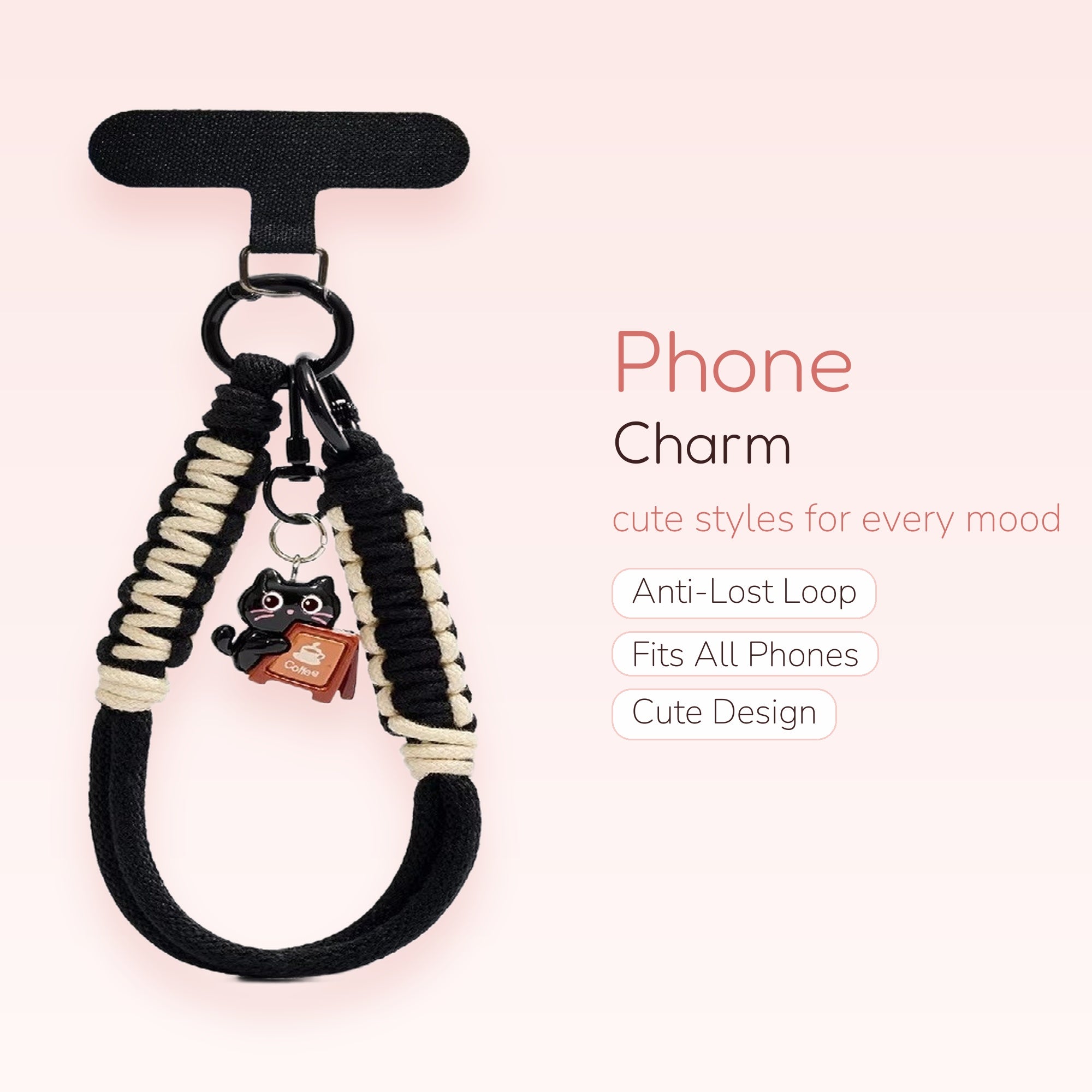 Cute Black Cat Coffee Phone Charm | Braided Wrist Strap Lanyard