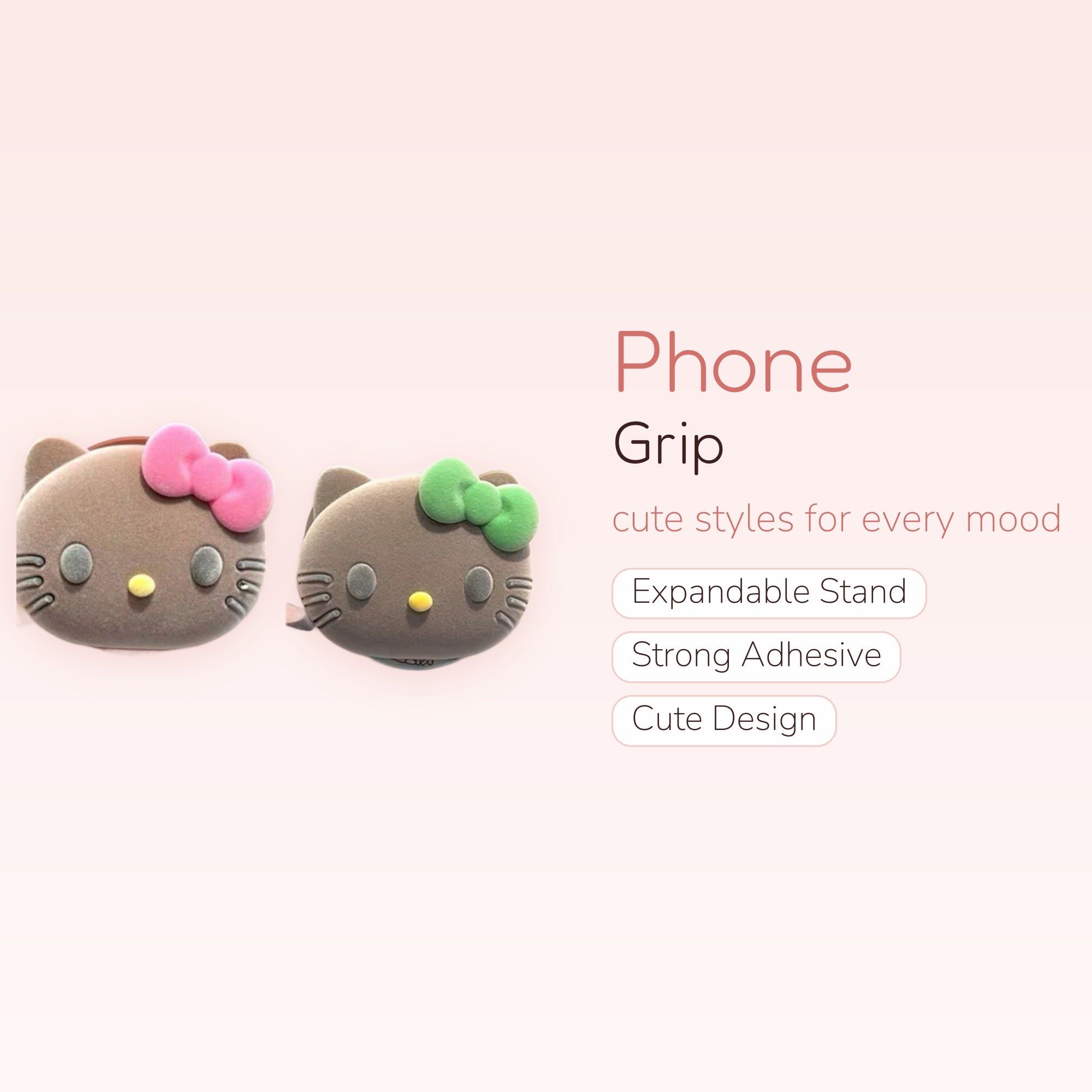 Cute Hello Kitty Flocked Phone Grip | Kawaii Pink Bow Pop Socket Stand