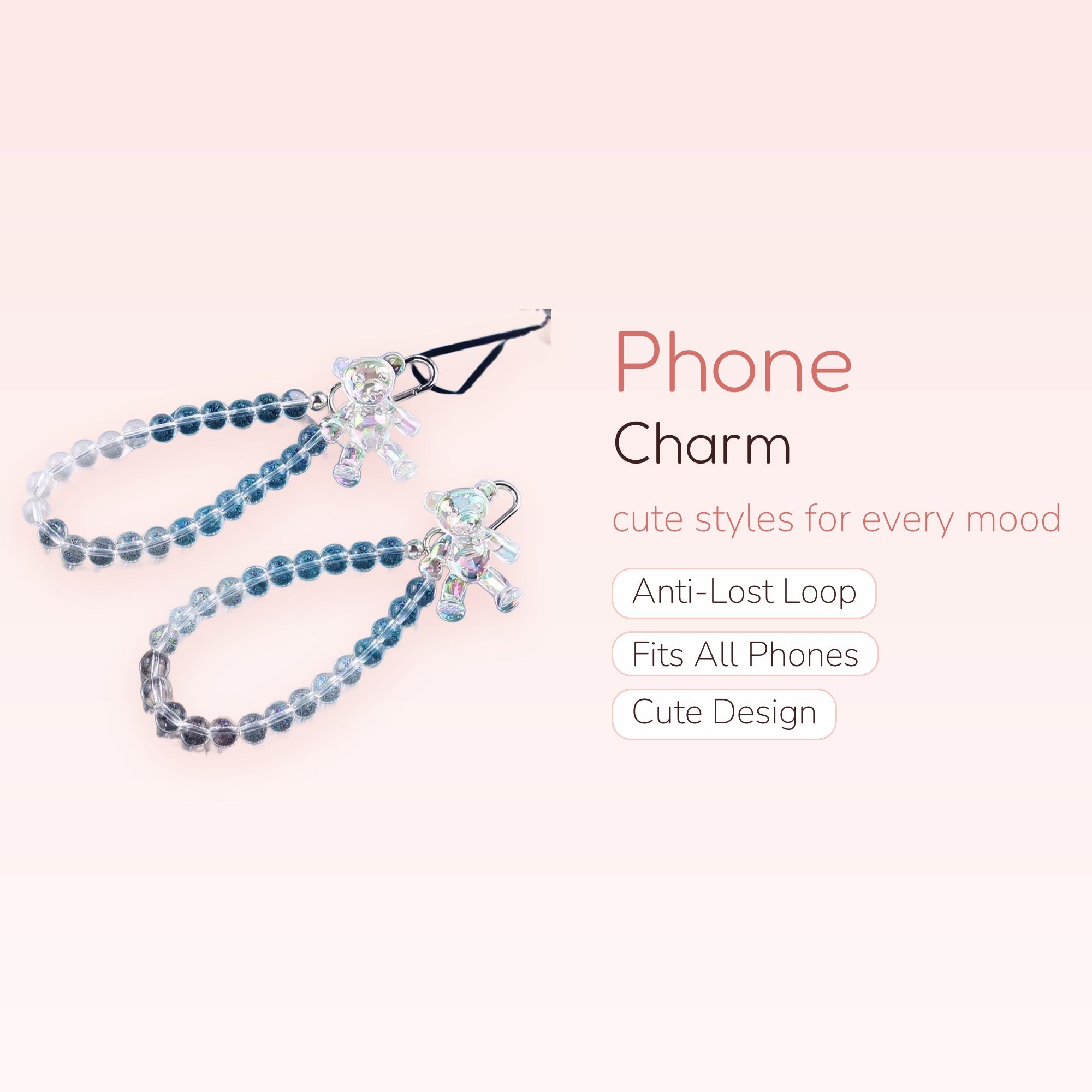 Iridescent Bear Phone Charm Strap | Crystal Bead Wrist Lanyard