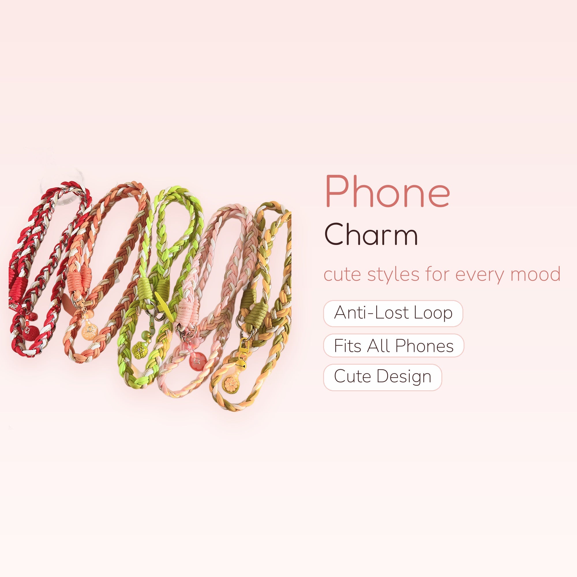 Braided Rainbow Phone Charm Lanyard | Aesthetic Woven Wrist Strap with Cute Charms
