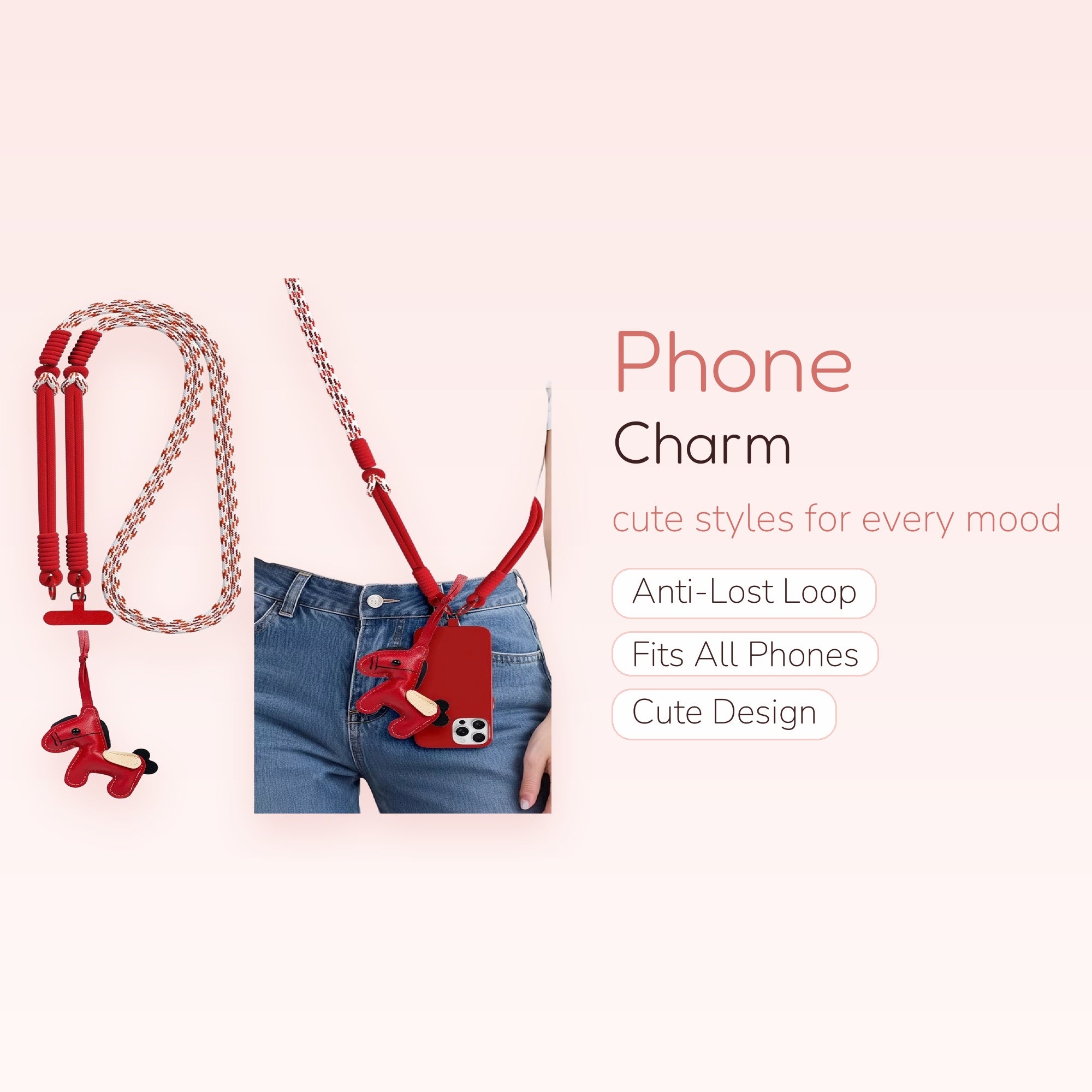 Red & White Braided Phone Lanyard with Horse Charm | Cute Crossbody Phone Strap