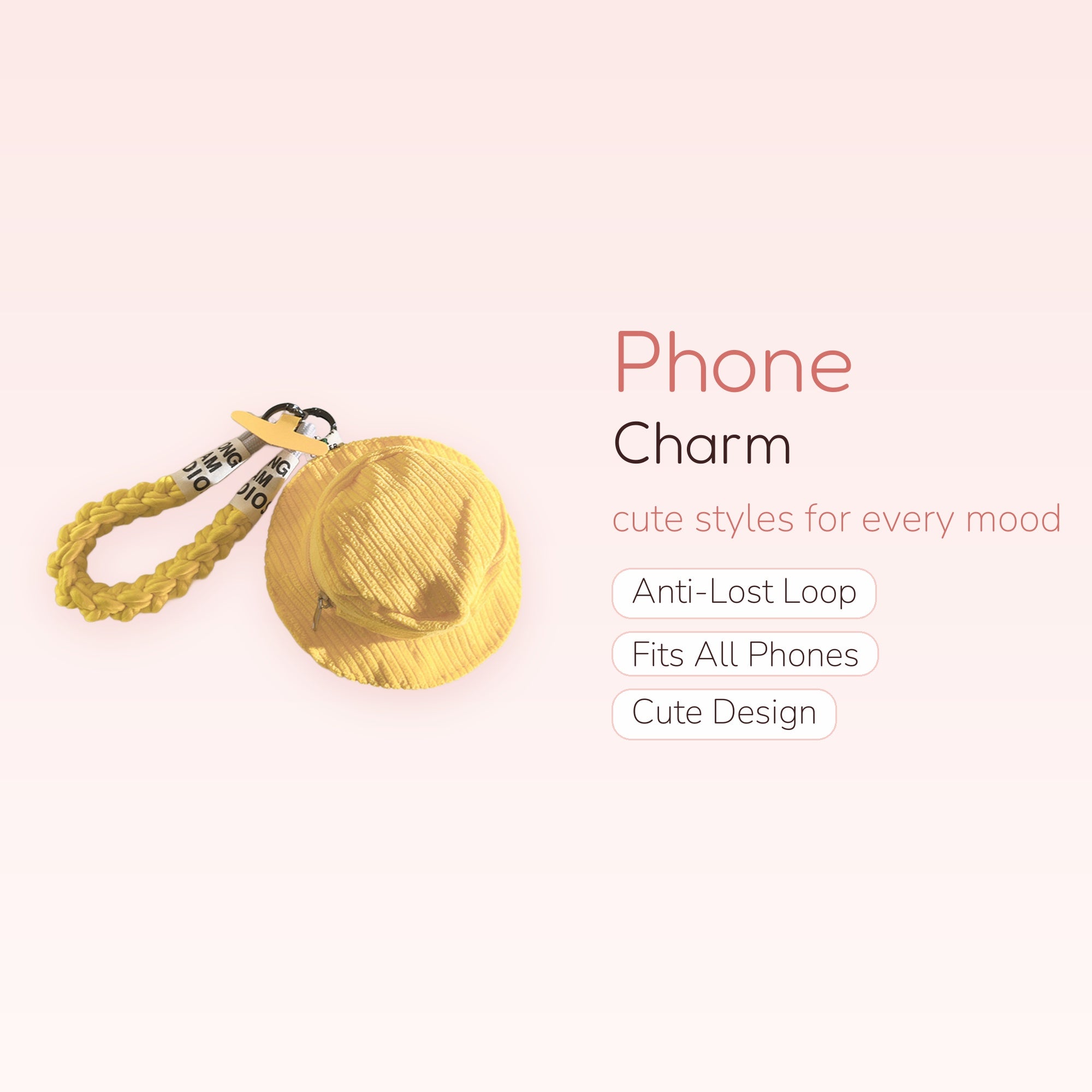 Cute Yellow Corduroy Hat Phone Charm | Braided Wrist Strap Keychain