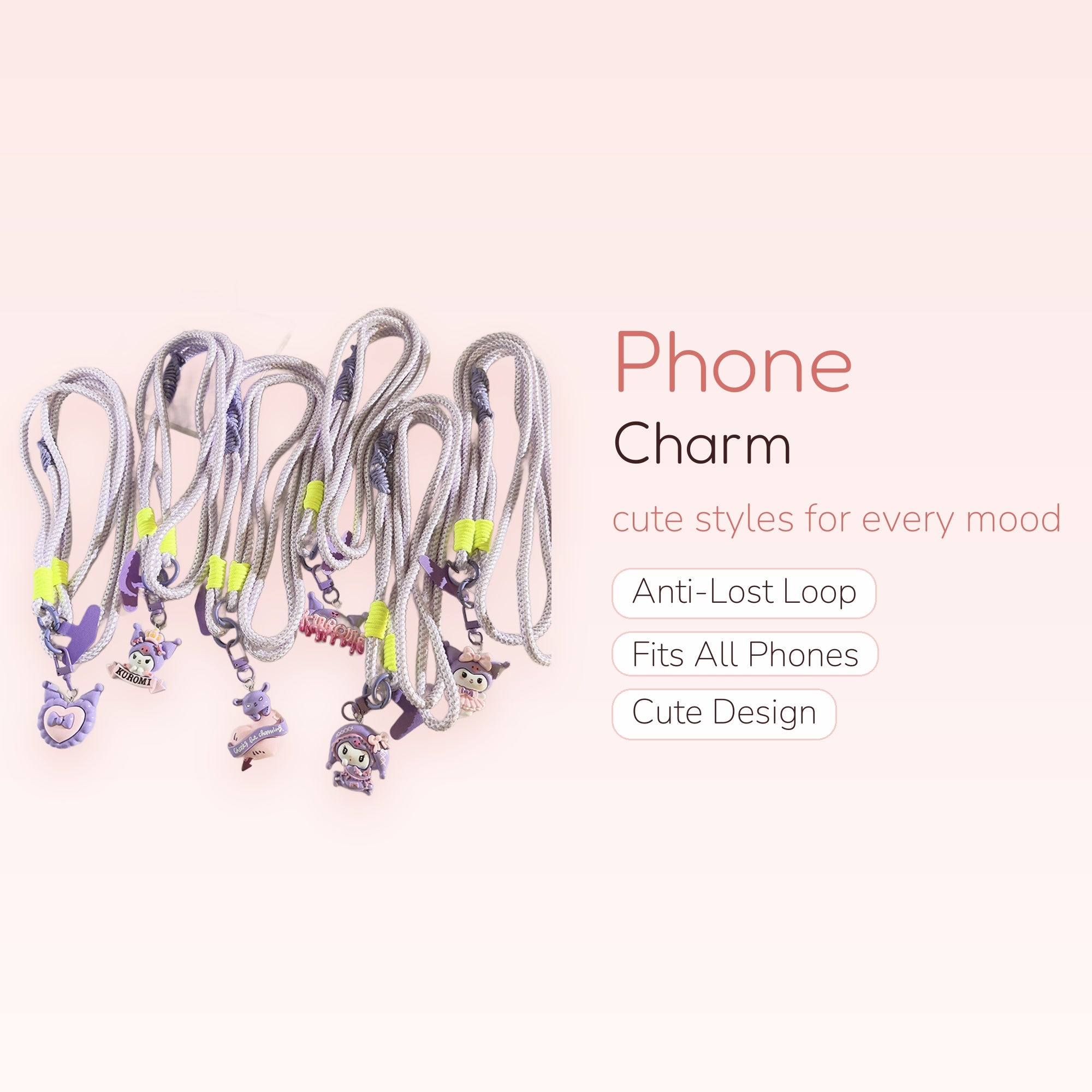 Kawaii Purple Character Phone Lanyard | Aesthetic Long Strap with Charms