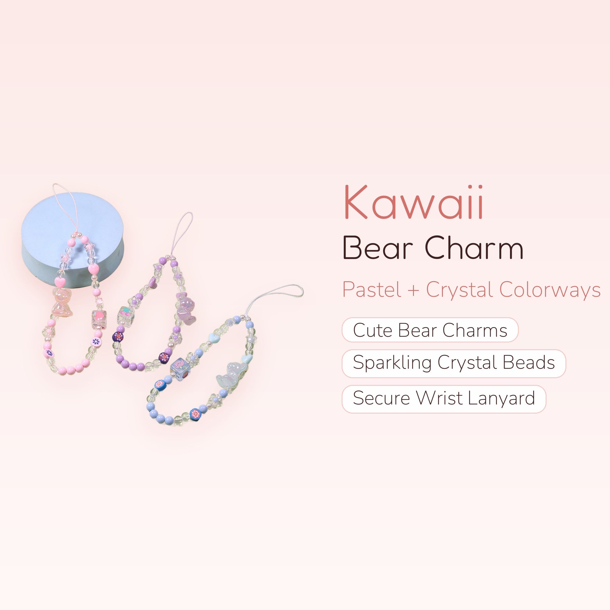 Kawaii Bear Bead Phone Charm Strap | Pastel Crystal Wrist Lanyard