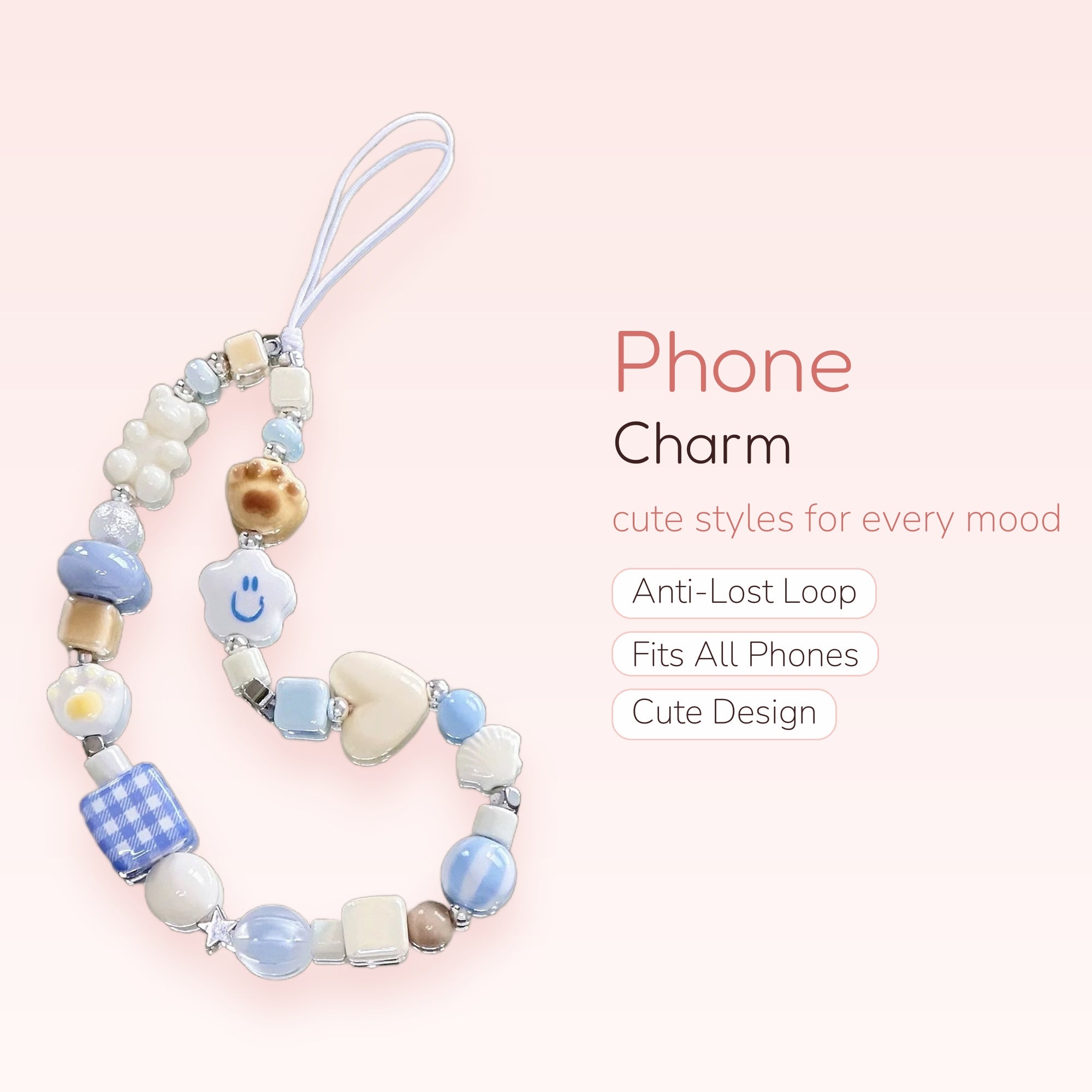 Kawaii Pastel Blue & White Beaded Phone Charm | Cute Aesthetic Wrist Strap