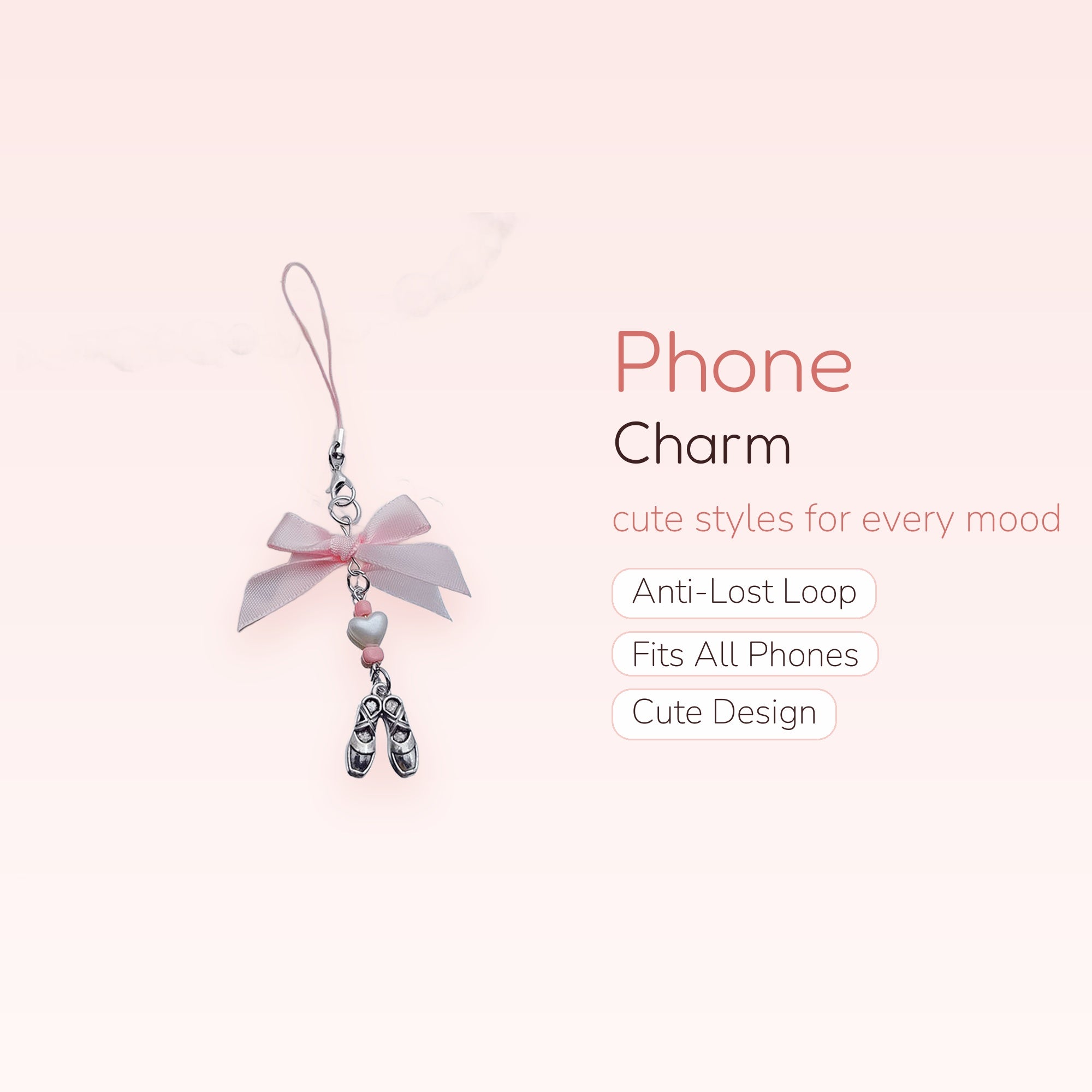 Cute Ballet Slipper Phone Charm | Pink Ribbon & Heart Beaded Strap