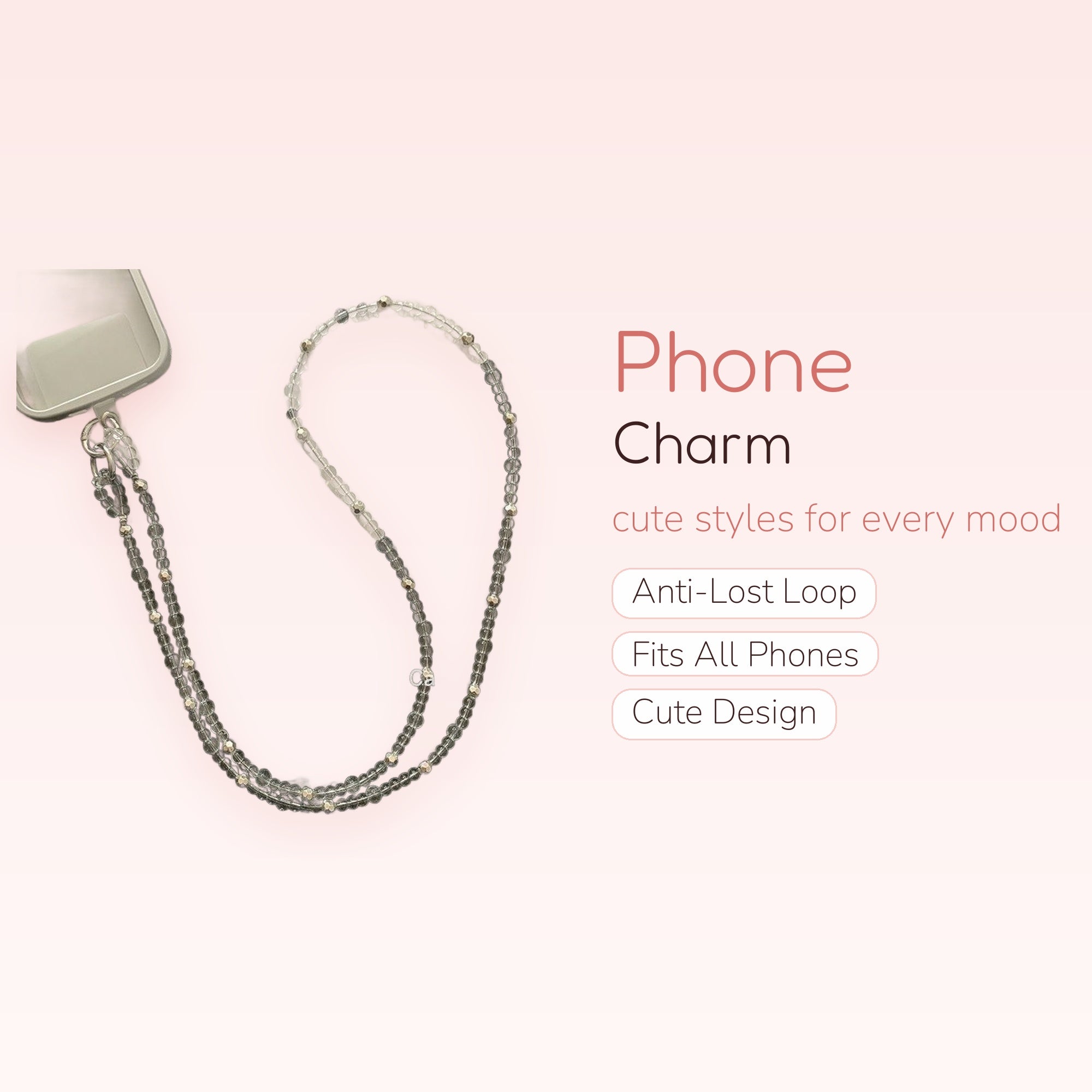 Clear Beaded Phone Charm Lanyard | Aesthetic Crystal & Silver Bead Strap