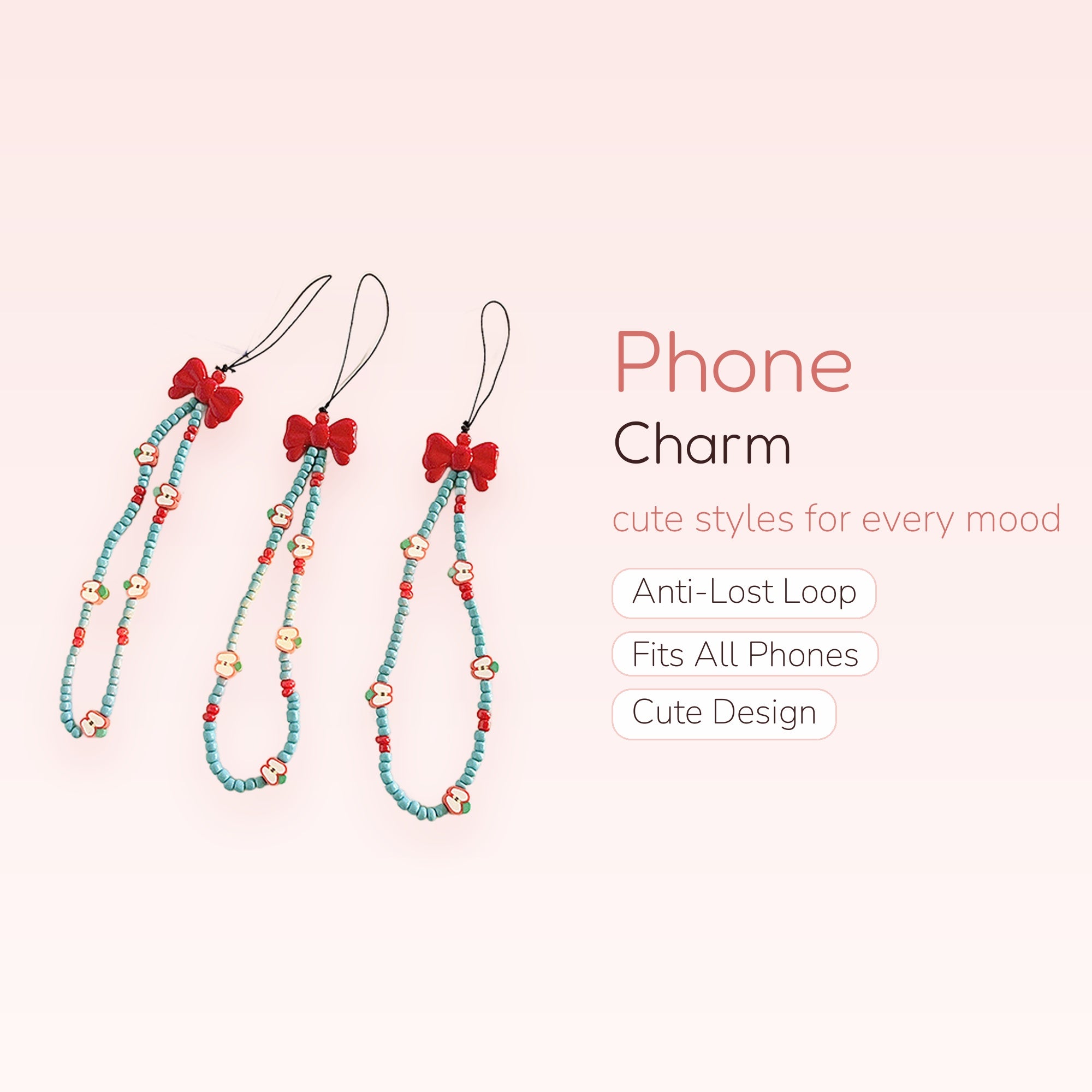 Kawaii Red Bow & Apple Beaded Phone Charm | Aesthetic Blue & Red Wrist Strap