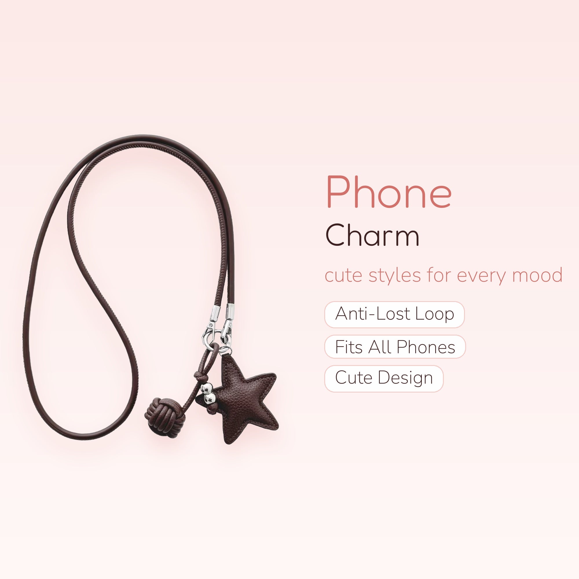Brown Leather Star Phone Charm Lanyard | Chic Knotted Strap with Silver Accents